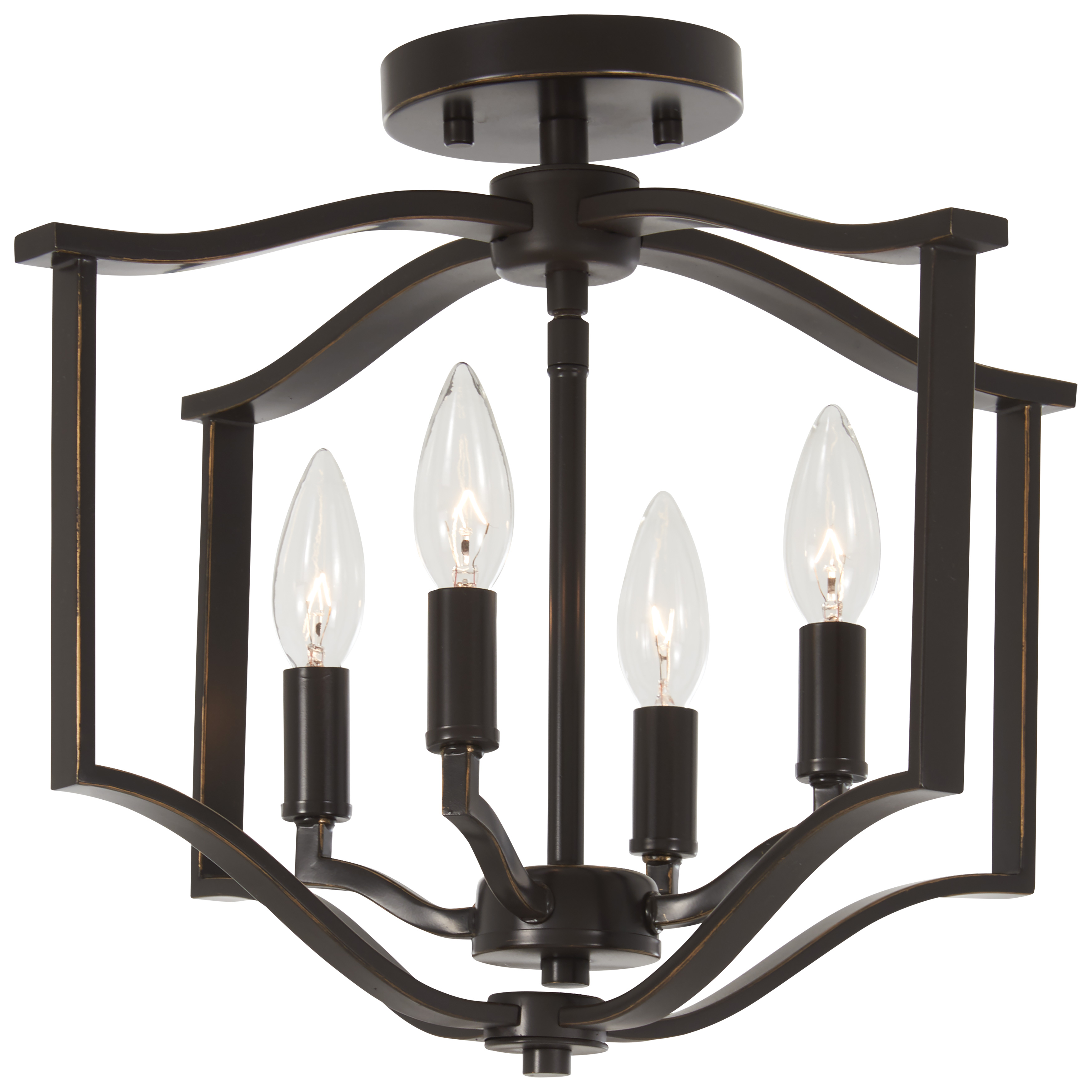 The Elyton semi-flush mount combines traditional bronze warmth with contemporary gold highlights in a compact 16-inch design. Perfect for rooms with lower ceilings, this 4-light fixture provides ample illumination while maintaining a low profile.