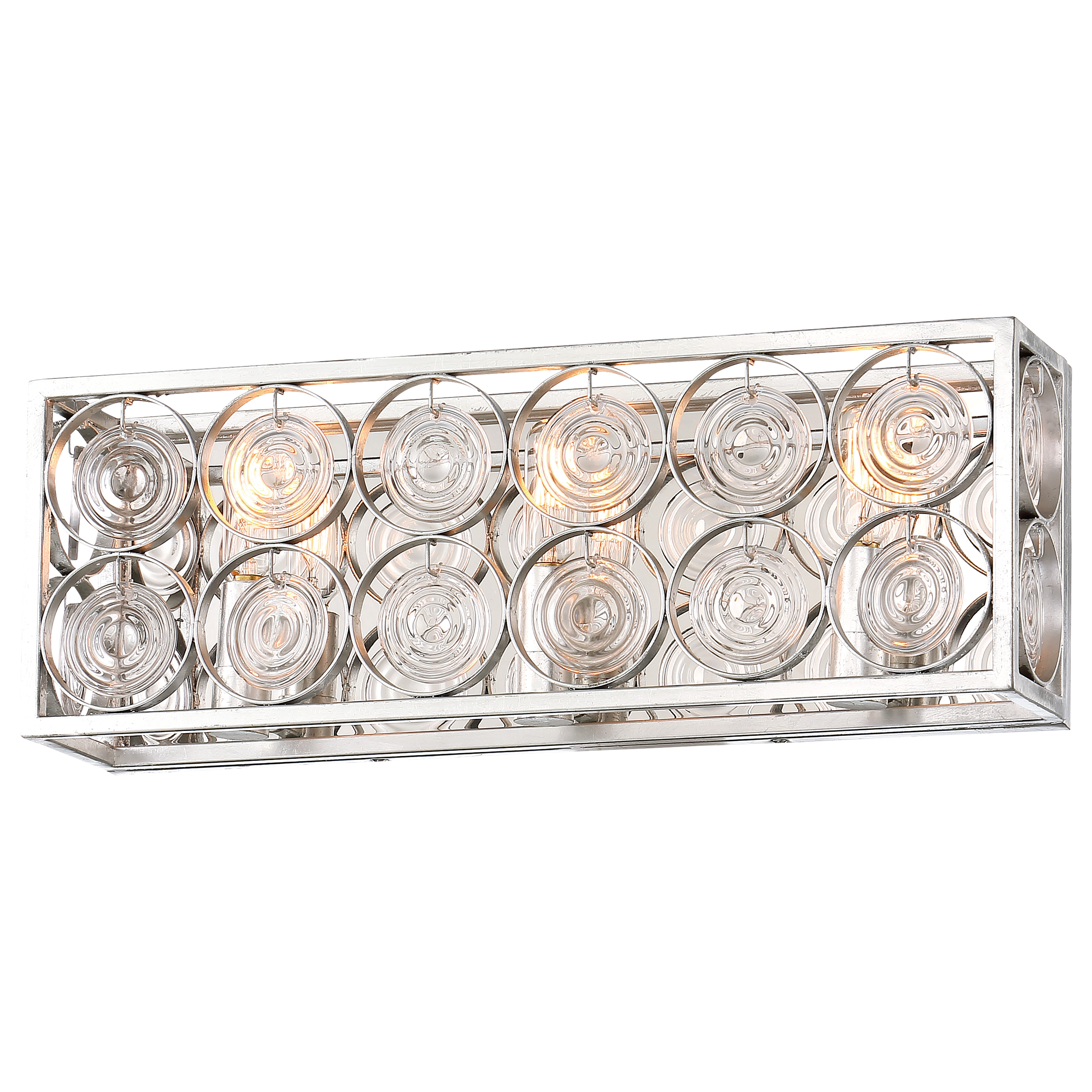 The Culture Chic 3-Light Bath fixture combines refined Catalina Silver finish with distinctive ripple glass shades and reflective backplate. Perfect for modern bathrooms seeking sophisticated illumination with coastal-inspired texture.