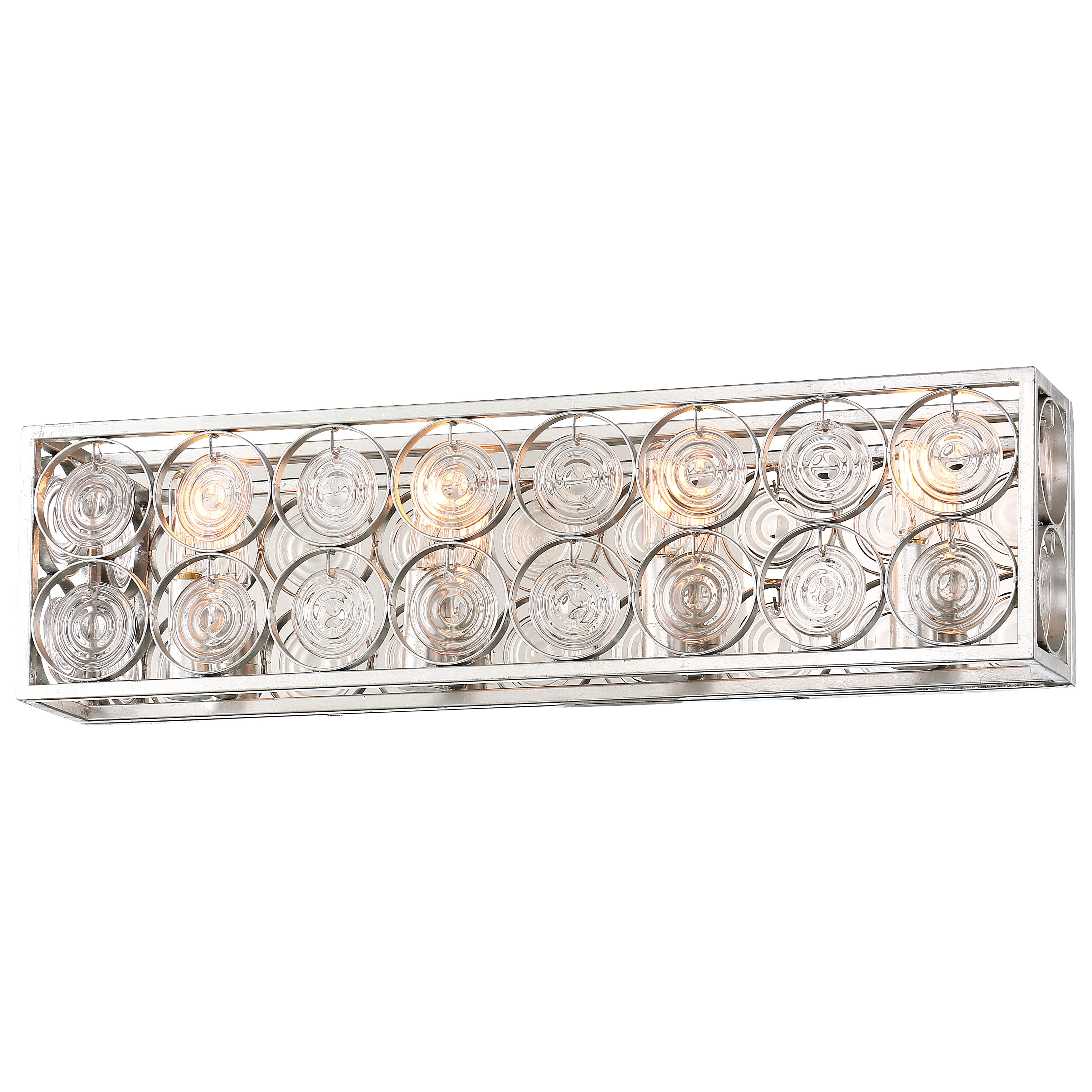 The Culture Chic 4-Light Bath fixture combines sophisticated Catalina Silver finish with distinctive ripple glass shades and reflective backplate. At 24.75" wide, it provides ample illumination for medium to large vanities while adding coastal-inspired elegance to any bathroom.