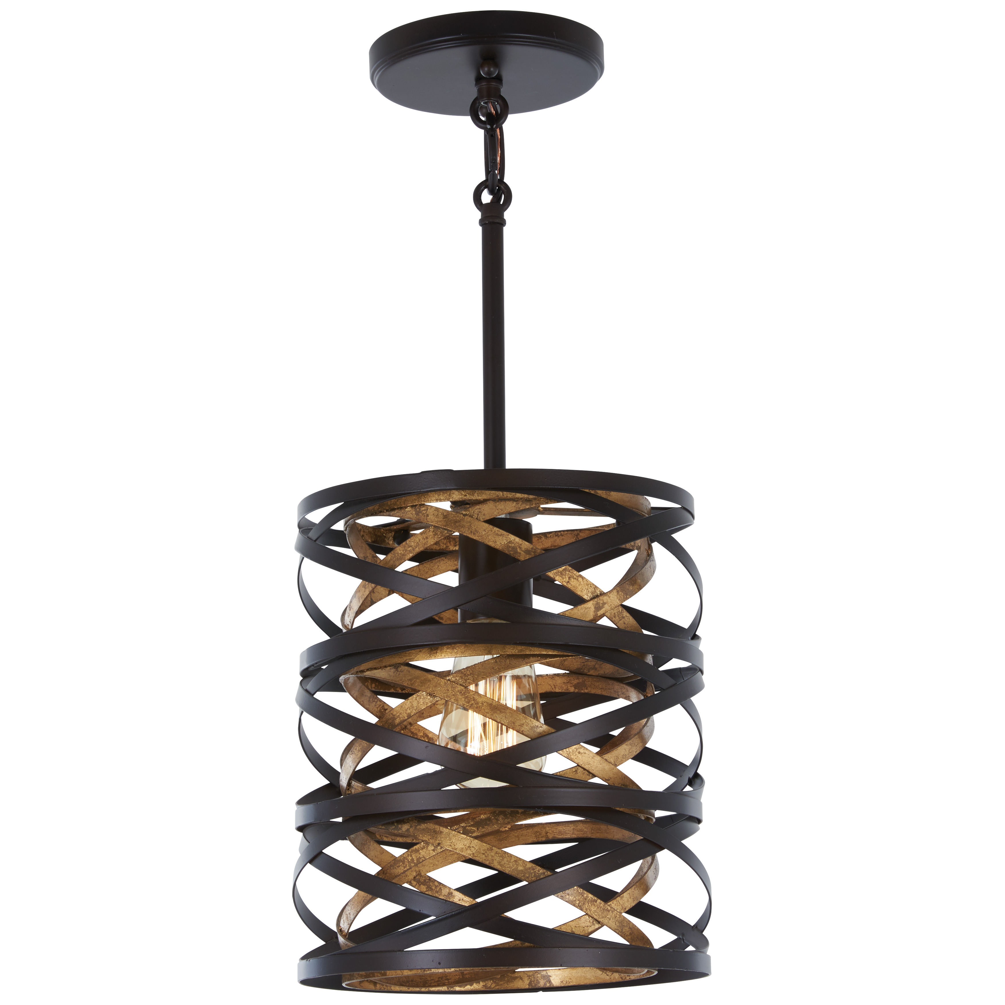 The Vortic Flow mini pendant combines modern design with artisanal craftsmanship. Its dark bronze exterior and mosaic gold interior create dramatic lighting effects, perfect for intimate spaces and task lighting applications.