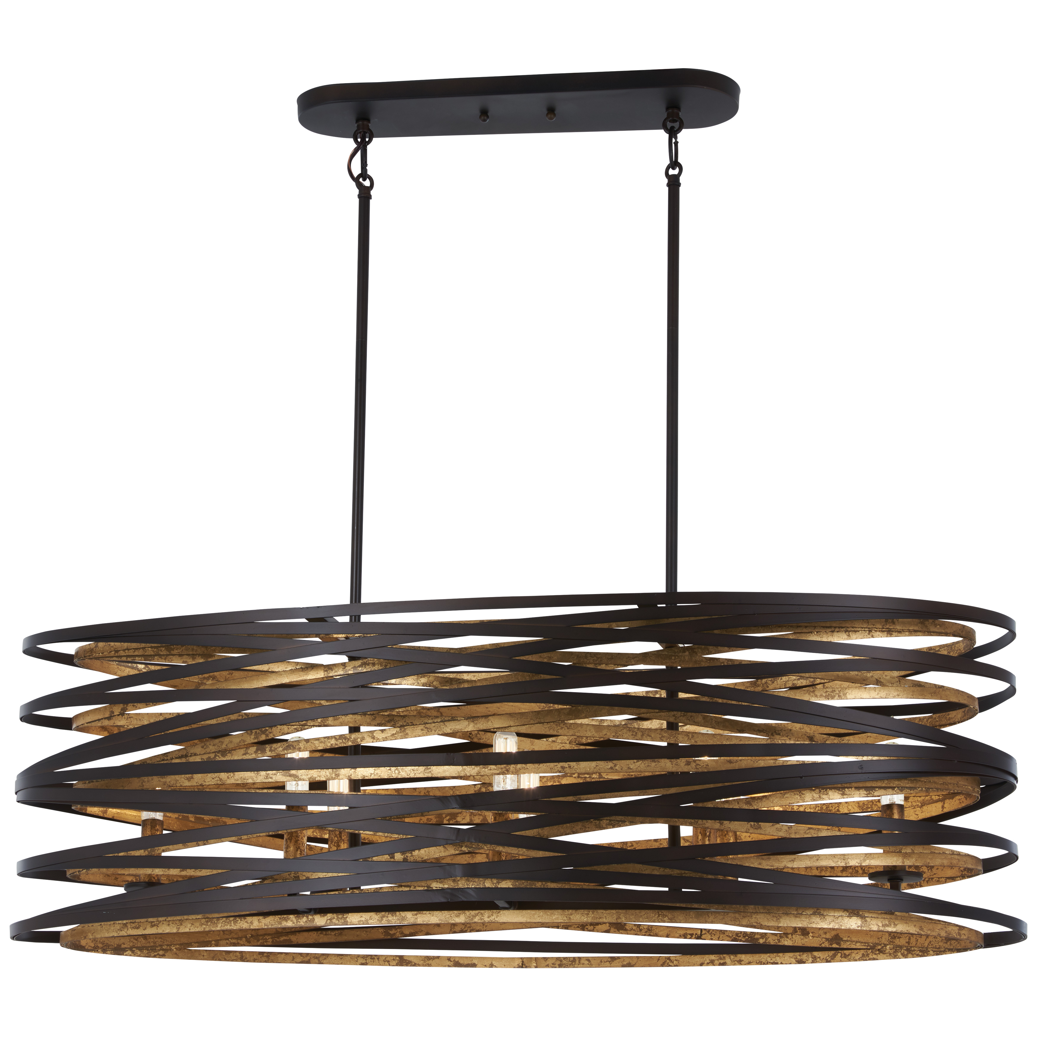 The Vortic Flow brings contemporary sophistication with its 8-light linear design and striking dark bronze exterior paired with mosaic gold interior. Perfect for kitchen islands and dining spaces seeking dramatic illumination.