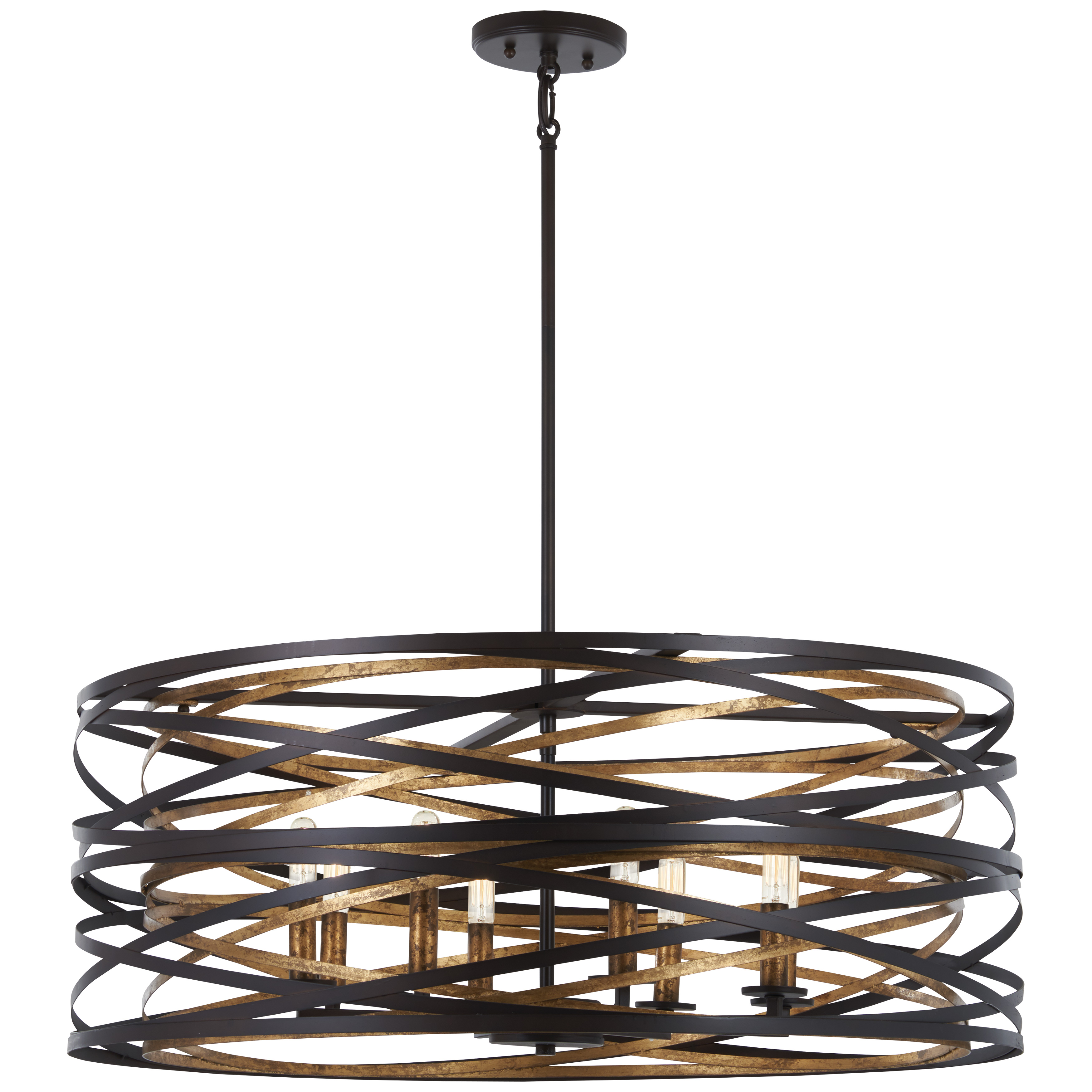 The Vortic Flow 8-Light Pendant makes a striking architectural statement with its 30-inch span and distinctive dark bronze exterior paired with a luminous mosaic gold interior that creates warm, ambient reflections.
