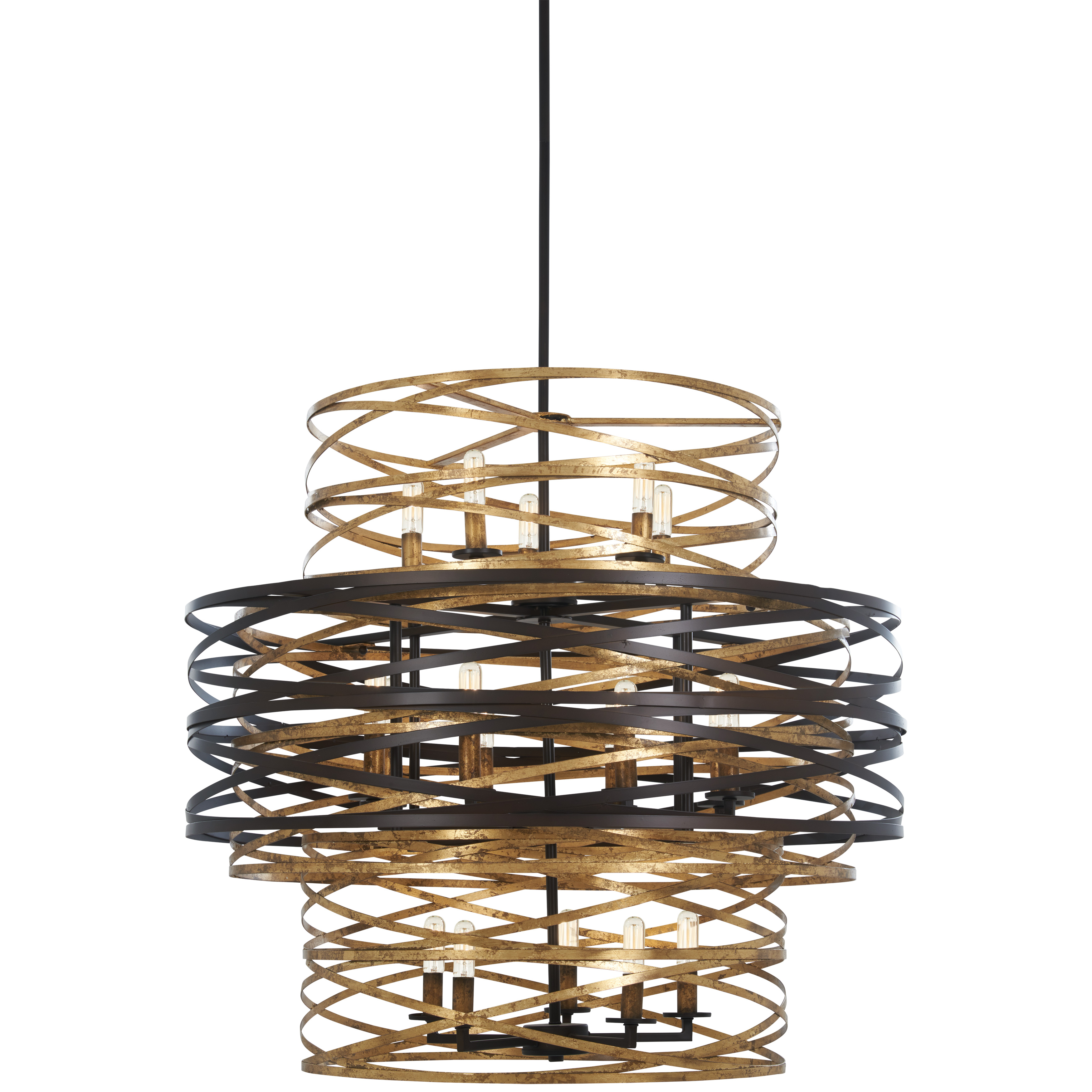 The Vortic Flow makes a bold architectural statement with 18 candelabra lights arranged in a contemporary design. Dark bronze exterior contrasts beautifully with mosaic gold interior for warm, layered illumination.