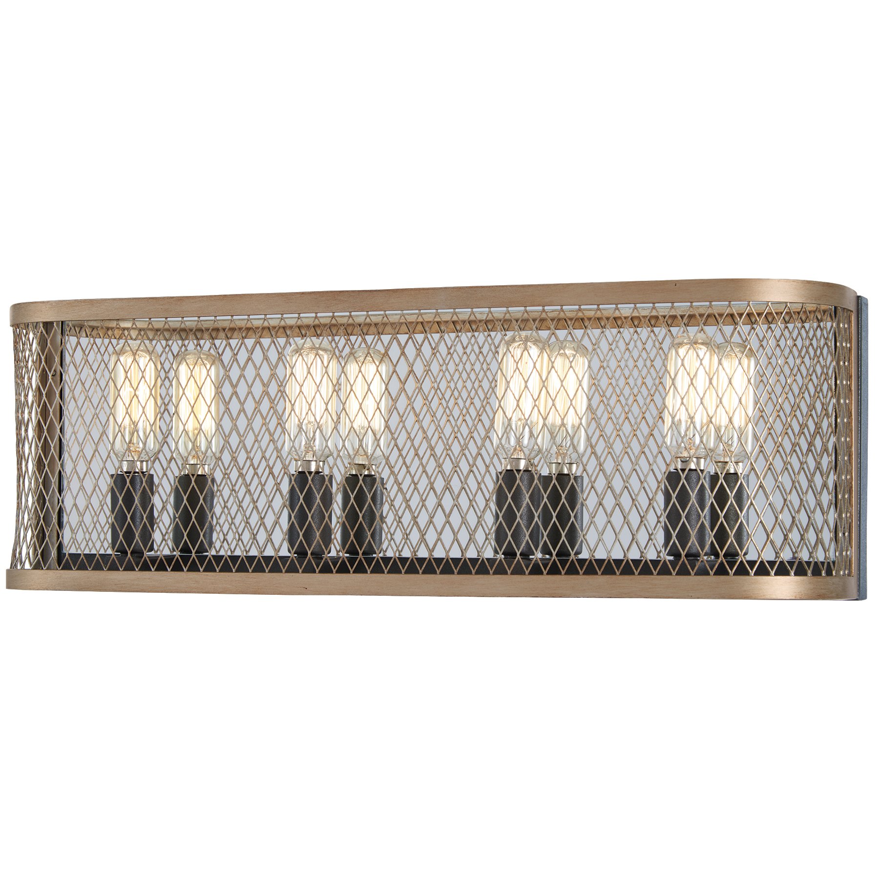 The Marsden Commons 4-Light Bath combines smoked iron and aged gold finishes with reflective glass backplates for a refined transitional aesthetic. Perfect for medium-sized bathrooms seeking elevated style.