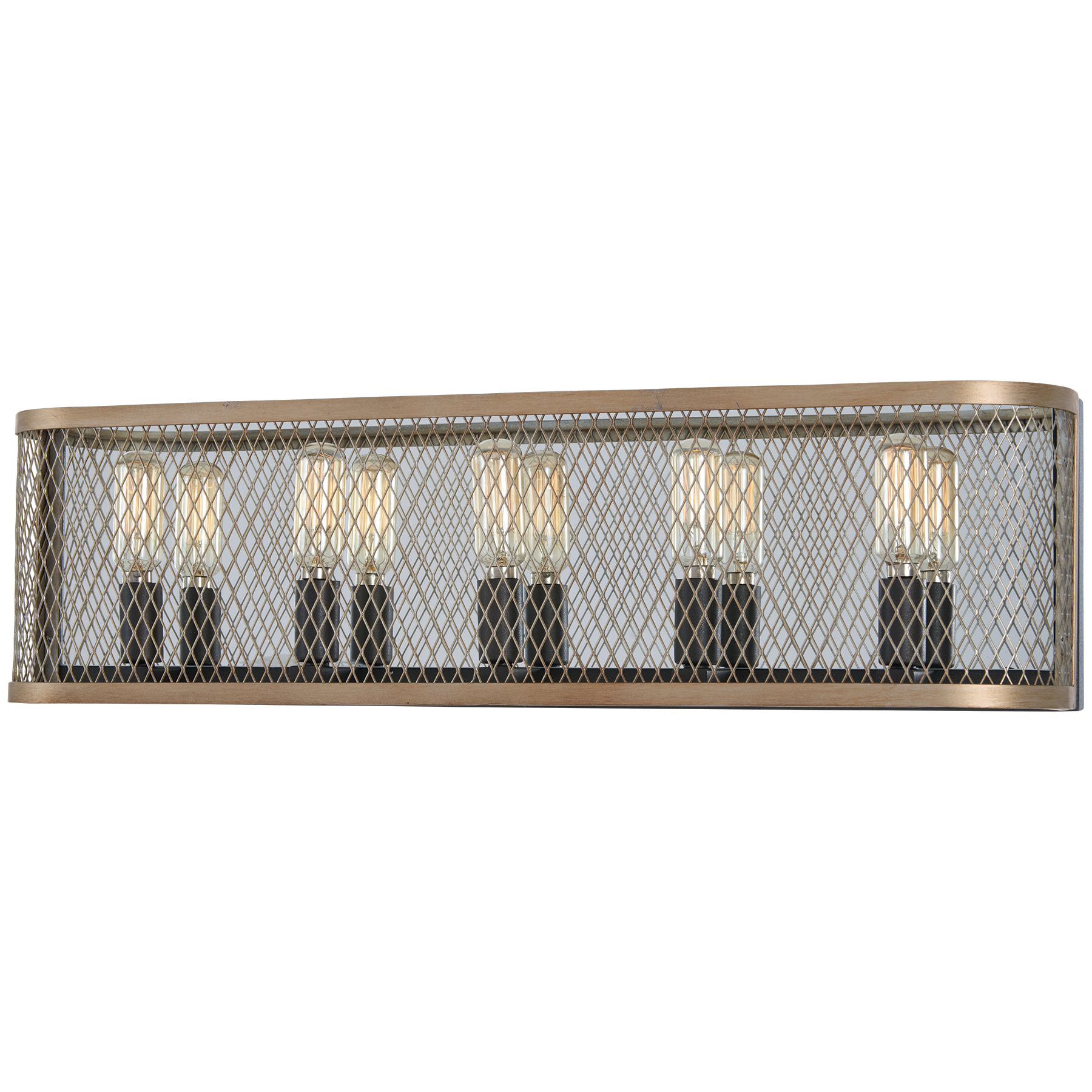 The Marsden Commons 5-Light Bath Vanity combines industrial elegance with transitional style. Its smoked iron and aged gold finish creates visual depth, while the reflective backplate enhances light output for optimal vanity illumination.