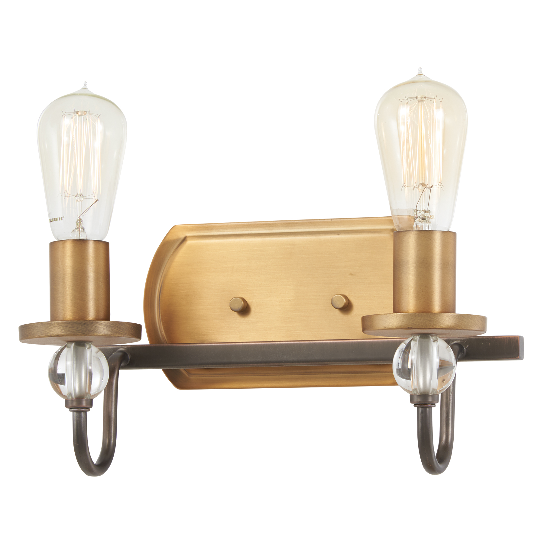 The Safra 2-Light Bath combines Harvard Court Bronze with Natural Brushed Brass accents for sophisticated transitional style. Compact 12-inch width fits smaller vanities while dimmable functionality provides versatile lighting control.