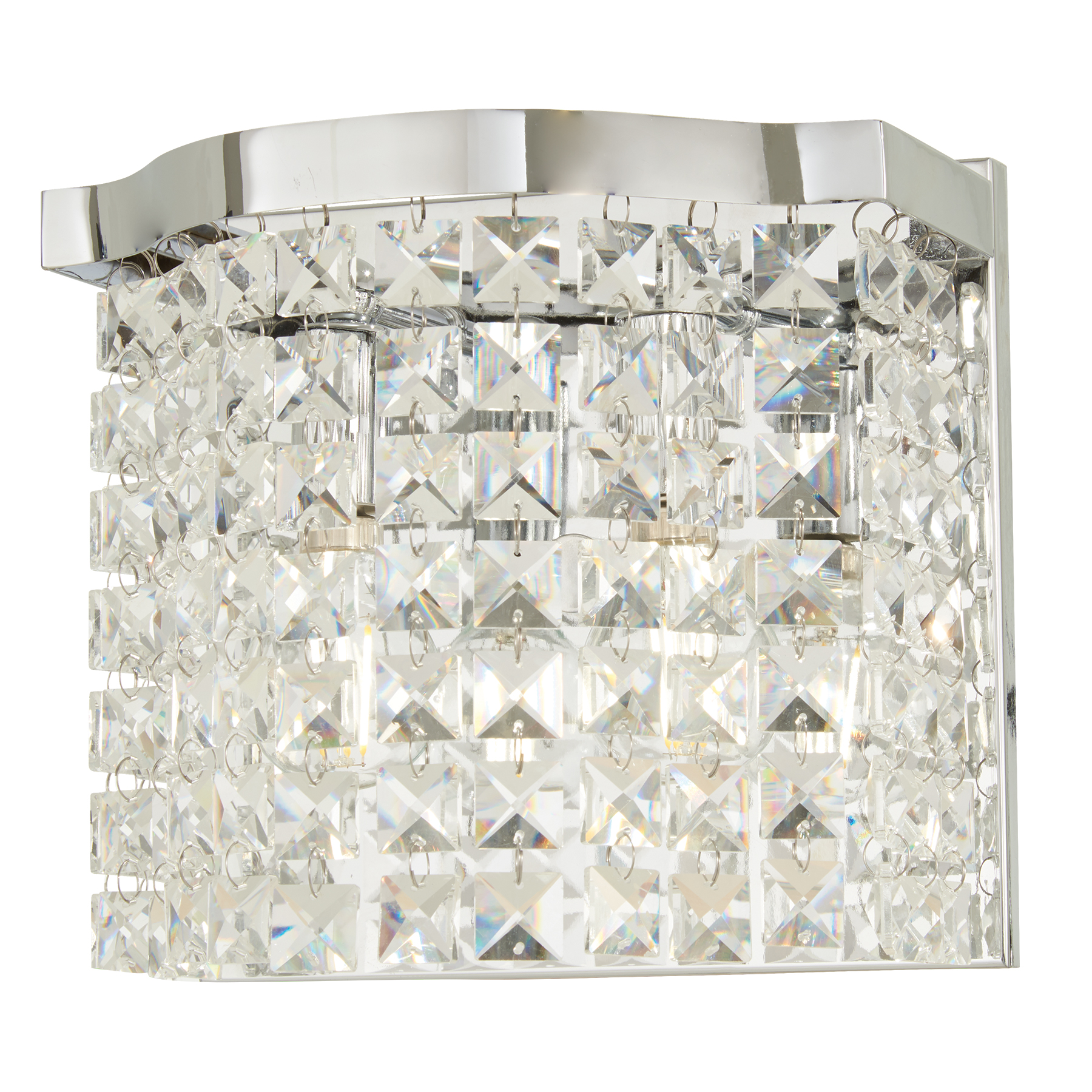 The Concentus 2-Light Bath fixture combines sparkling clear crystal with polished chrome for a sophisticated vanity lighting solution. Compact at 8.5" wide, it's perfect for powder rooms and smaller bathrooms.