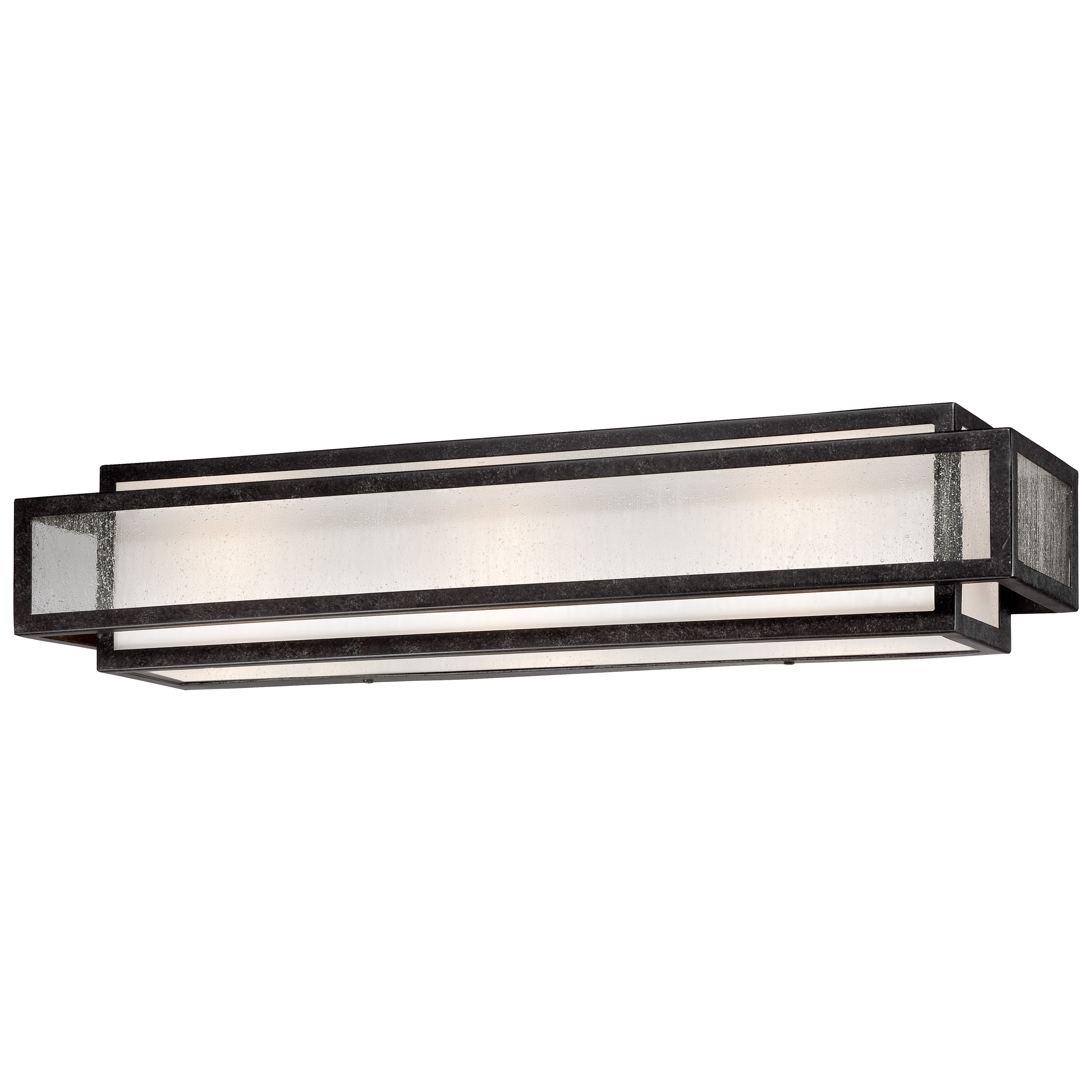 The Camden Square 3-Light Bath Vanity combines industrial charm with transitional elegance. Its aged charcoal finish and seeded glass shades provide character while delivering functional illumination for vanities up to 24 inches wide.