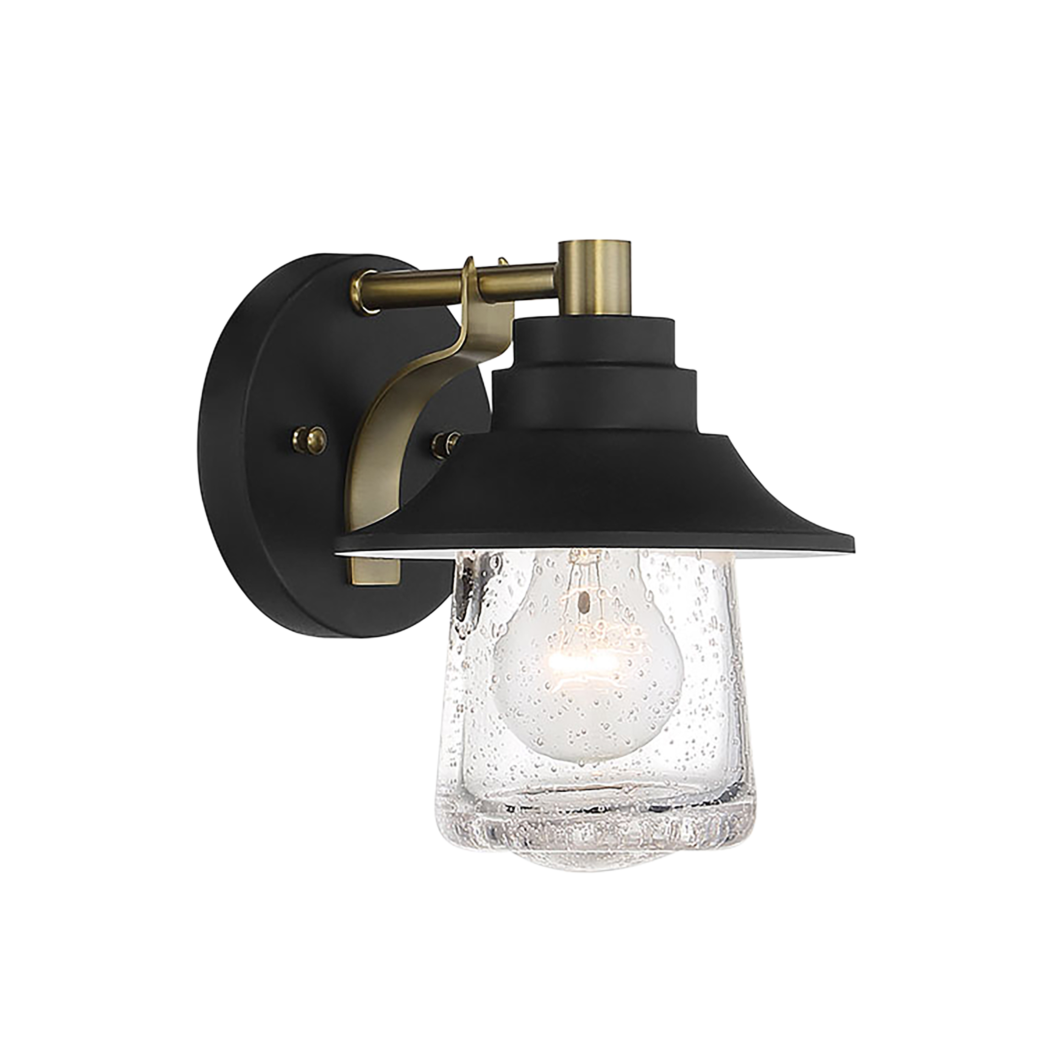 The Westfield Manor bath sconce combines rustic sand coal finish with warm soft brass accents and clear seedy glass for authentic vintage appeal. Compact 6.5" width fits tight spaces while dimmable functionality offers lighting flexibility.