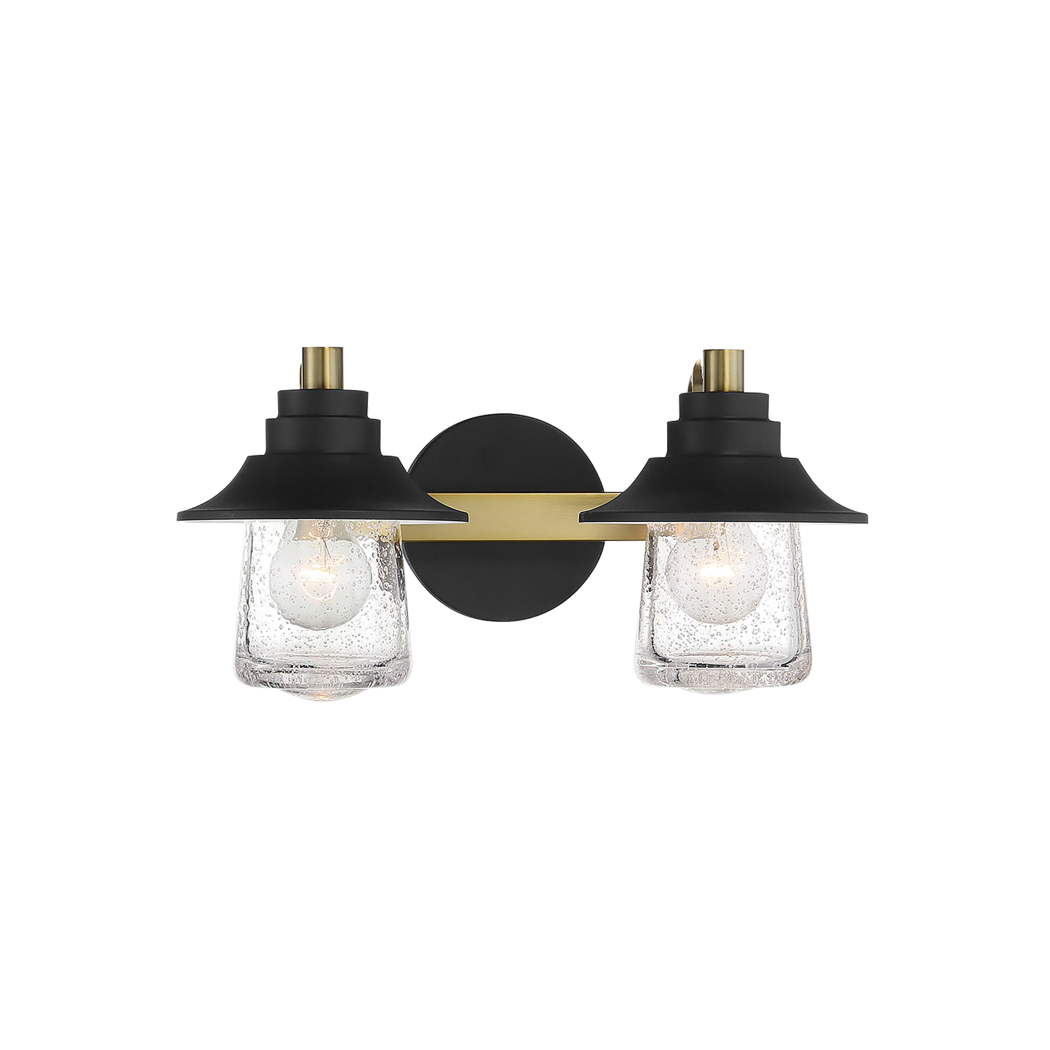 The Westfield Manor 2-Light Bath combines rustic Sand Coal finish with Soft Brass accents and Clear Seedy Glass for authentic farmhouse charm. Perfect for smaller bathrooms seeking character without overwhelming the space.