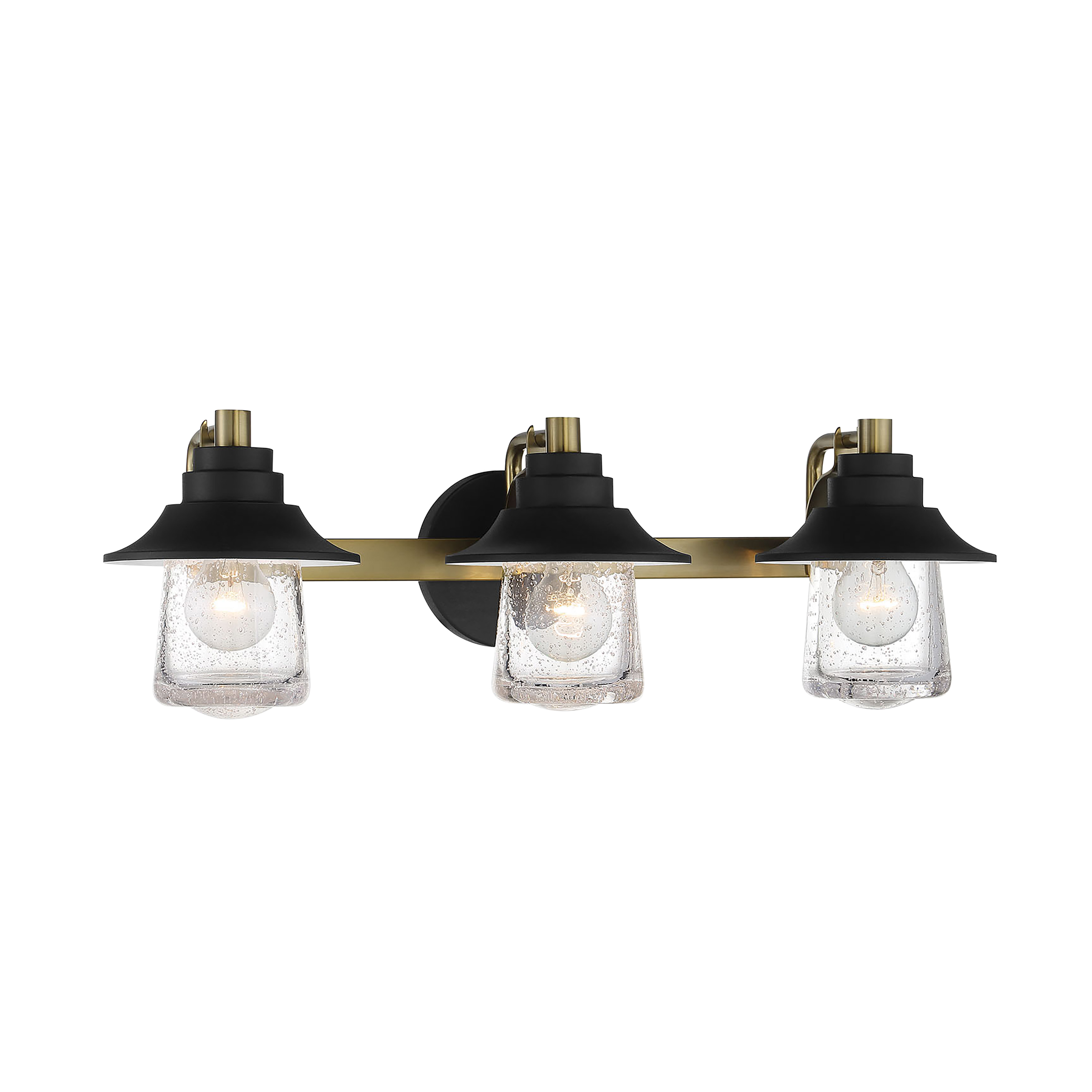 The Westfield Manor 3-Light Bath combines rustic sand coal and soft brass finishes with clear seedy glass shades for a sophisticated transitional look. Perfect for medium-sized bathrooms seeking character and warmth.