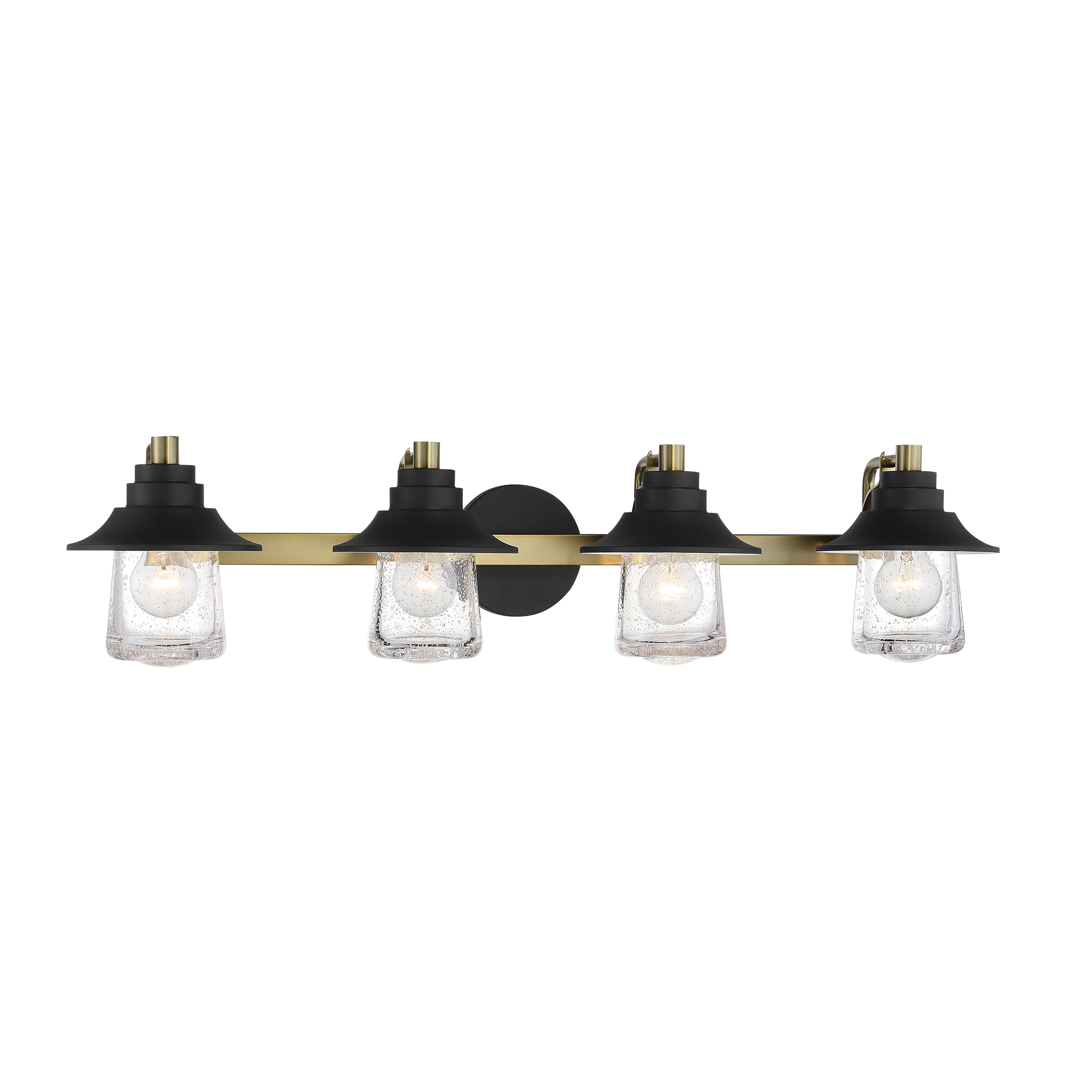 The Westfield Manor 4-Light Bath Vanity combines industrial-inspired Sand Coal finish with Soft Brass accents and Clear Seedy Glass shades. At 33.5 inches wide, it provides excellent illumination for medium to large vanities.