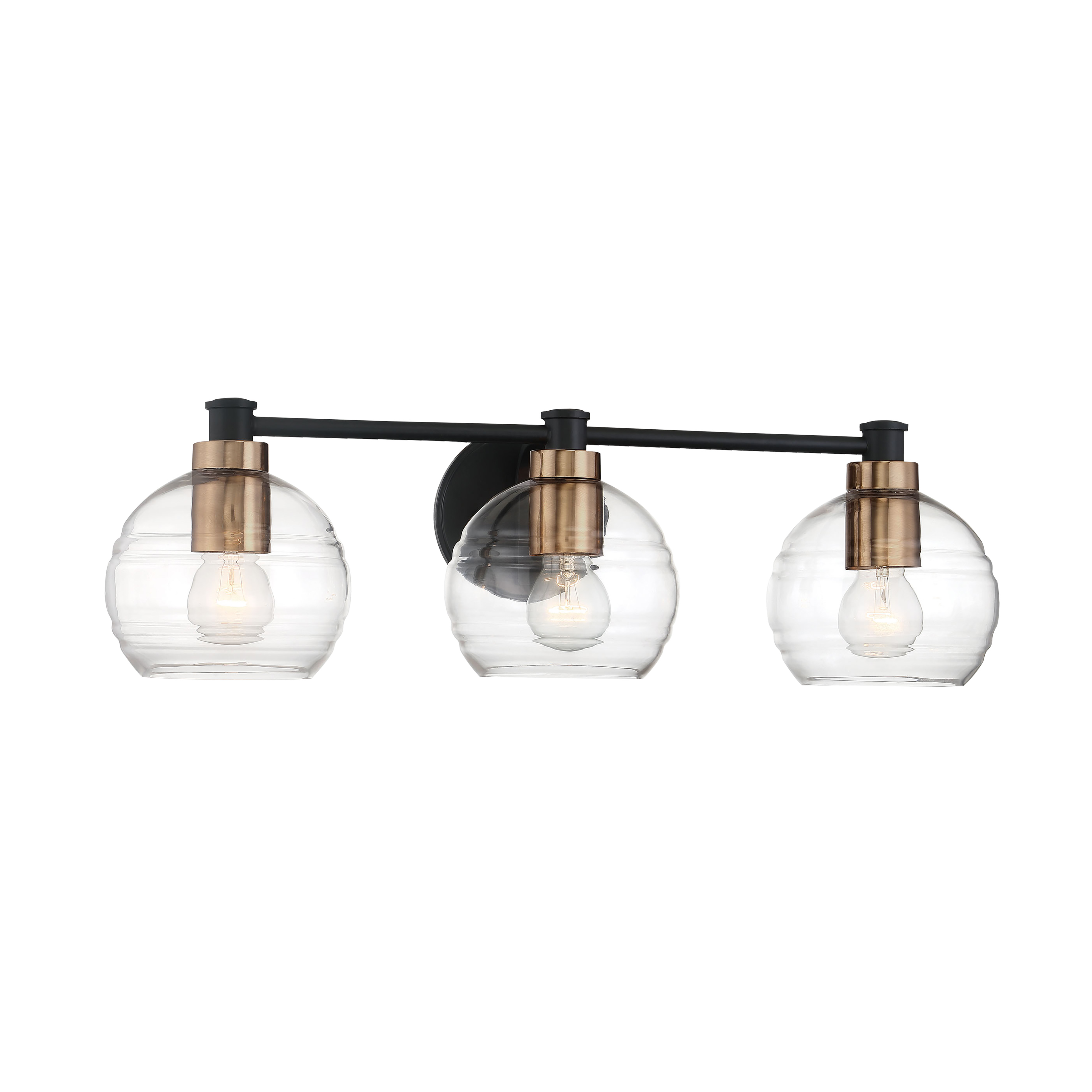 The Keyport 3-Light Bath combines Sand Coal and Natural Brushed Brass finishes with clear banded glass shades for a sophisticated modern aesthetic. Perfect for medium-sized bathrooms seeking contemporary style with industrial accents.
