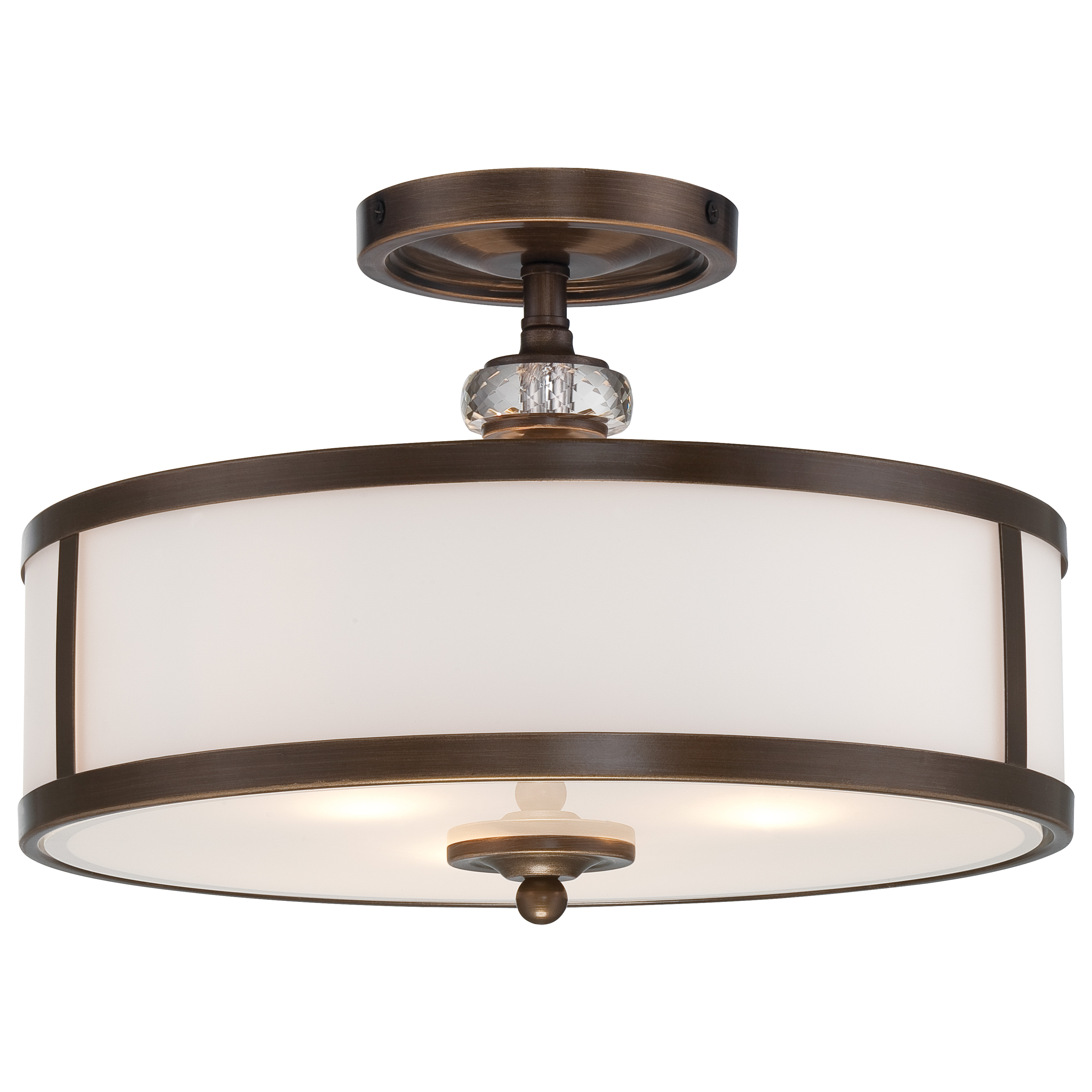 The Thorndale semi-flush mount combines timeless transitional styling with practical functionality. Its Dark Noble Bronze finish and etched white glass create warm, diffused lighting perfect for intimate spaces.