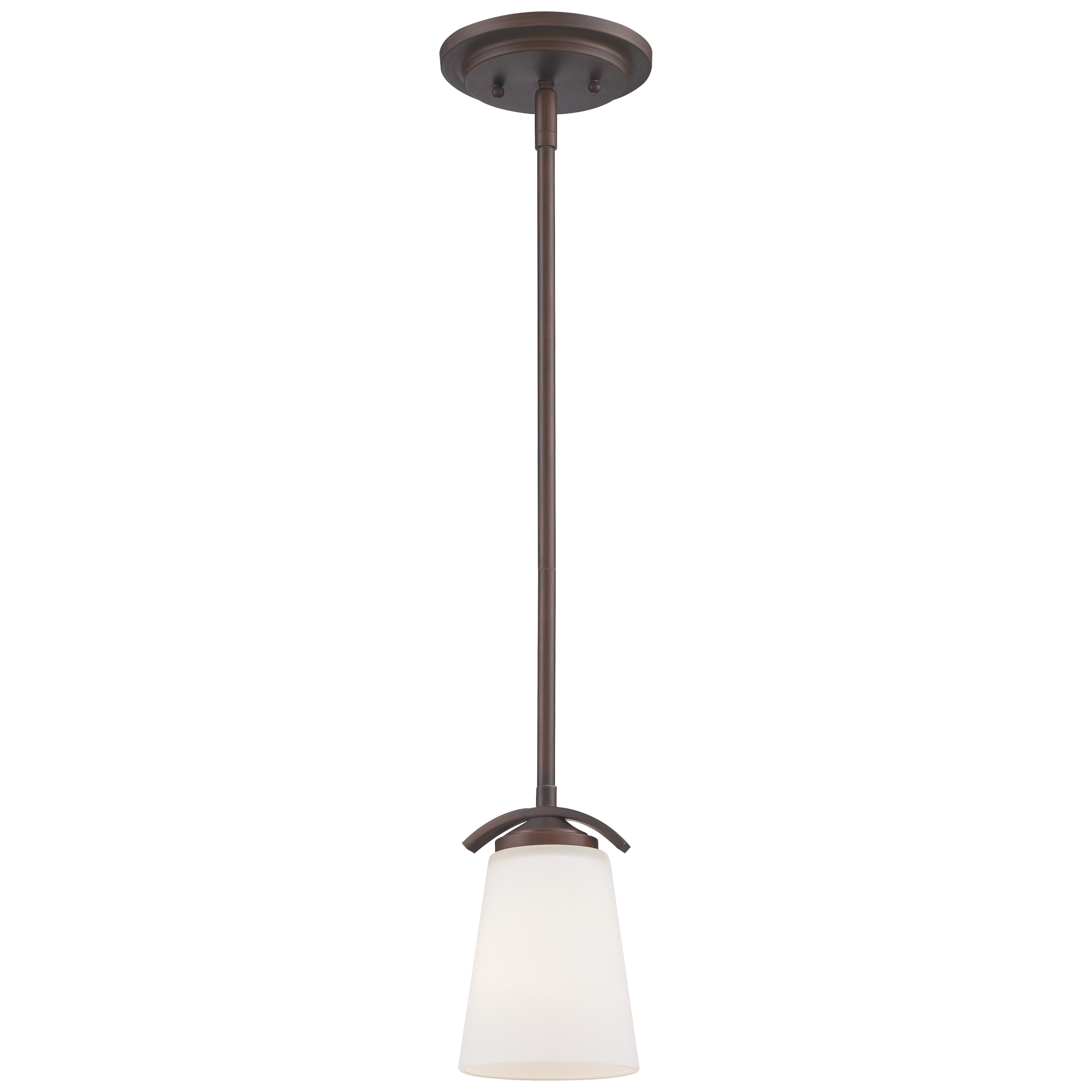 The Overland Park mini pendant combines vintage bronze finish with etched white glass for a timeless look. Its compact 4.75-inch diameter makes it ideal for smaller spaces or clustered installations over islands.