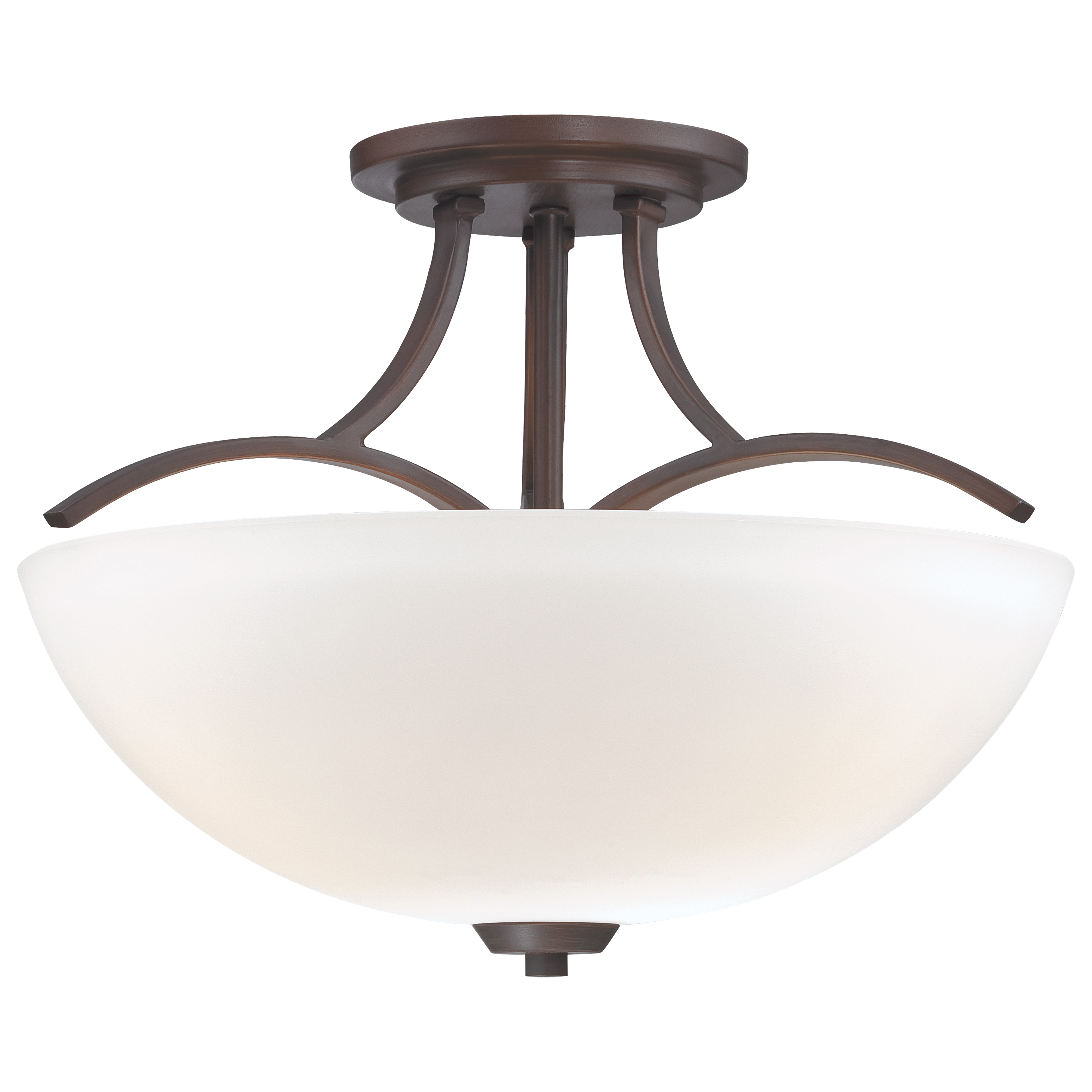 The Overland Park semi-flush mount combines traditional elegance with transitional versatility. Its vintage bronze finish and etched white glass create warm, diffused lighting perfect for lower ceilings.