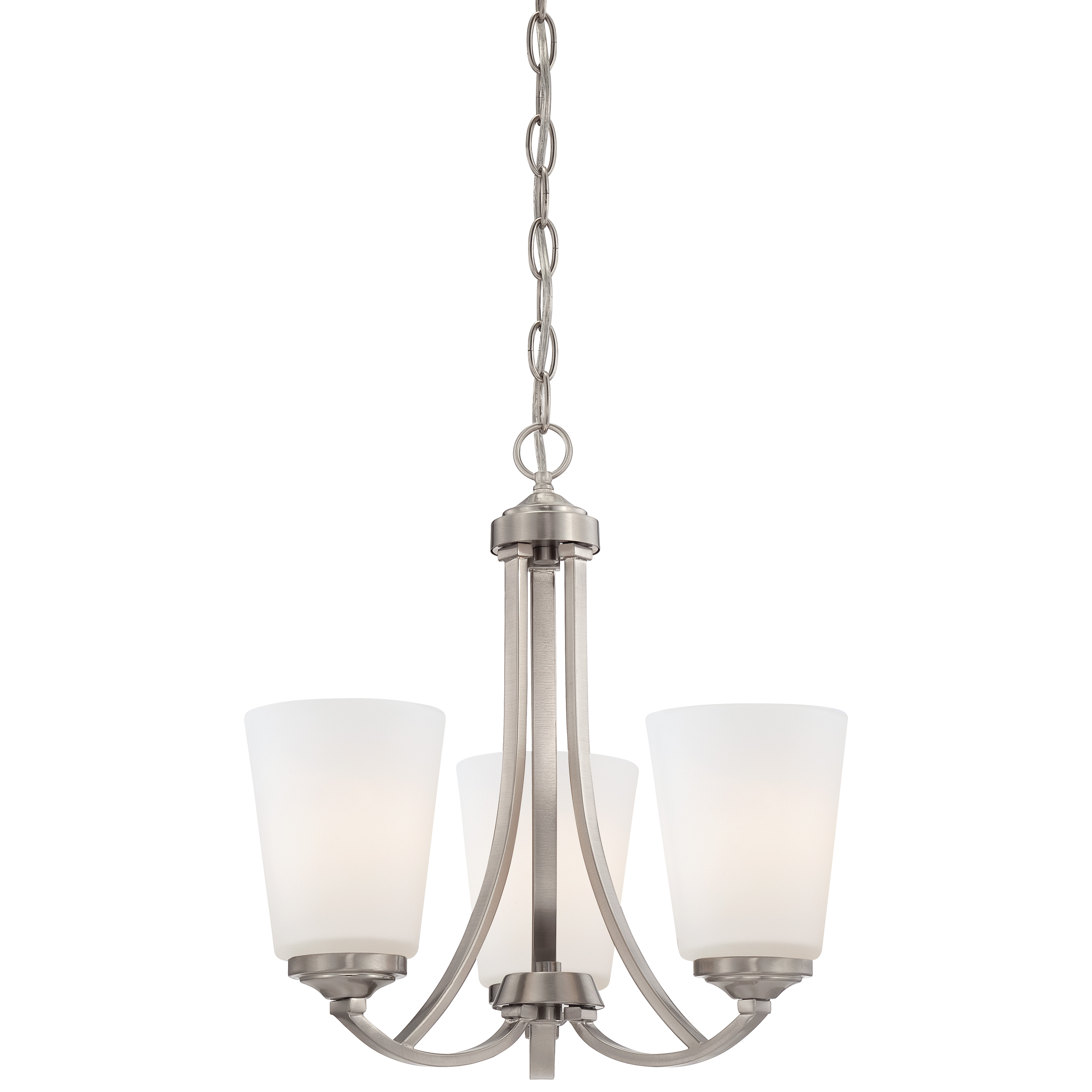 The Overland Park mini chandelier combines brushed nickel finish with etched white glass for a refined, adaptable look. Its compact 16-inch width makes it perfect for smaller spaces while providing ample illumination through three bulbs.