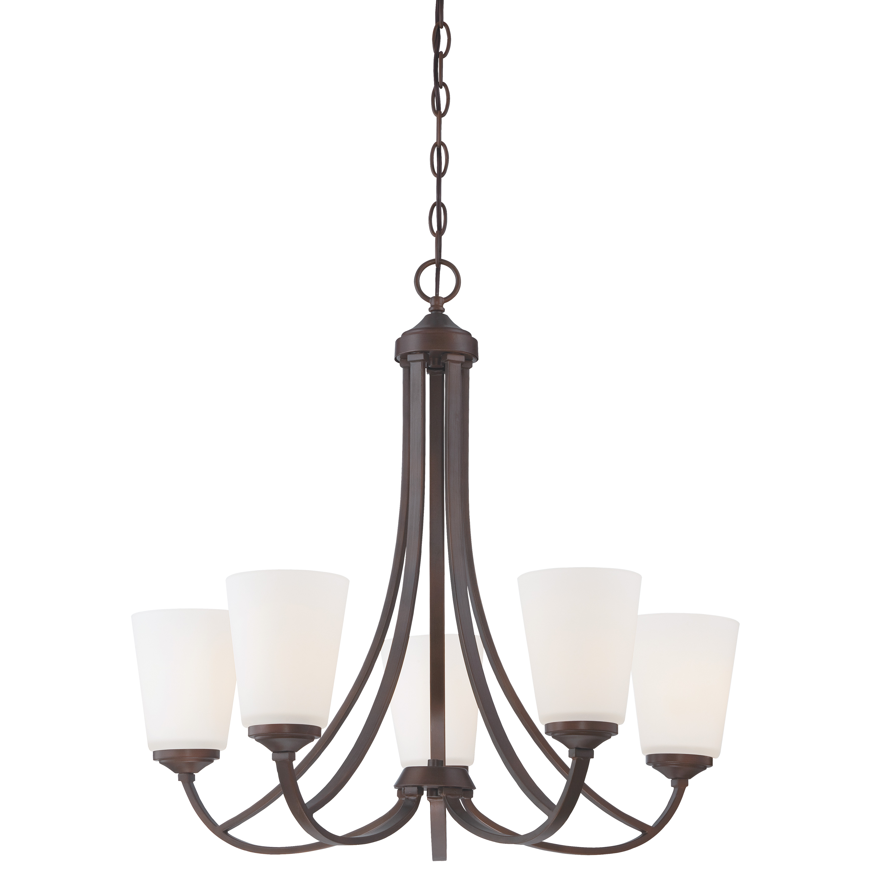 The Overland Park chandelier brings traditional elegance with transitional versatility. Five candle-style lights with etched white glass shades create warm, diffused illumination perfect for dining spaces and entryways.