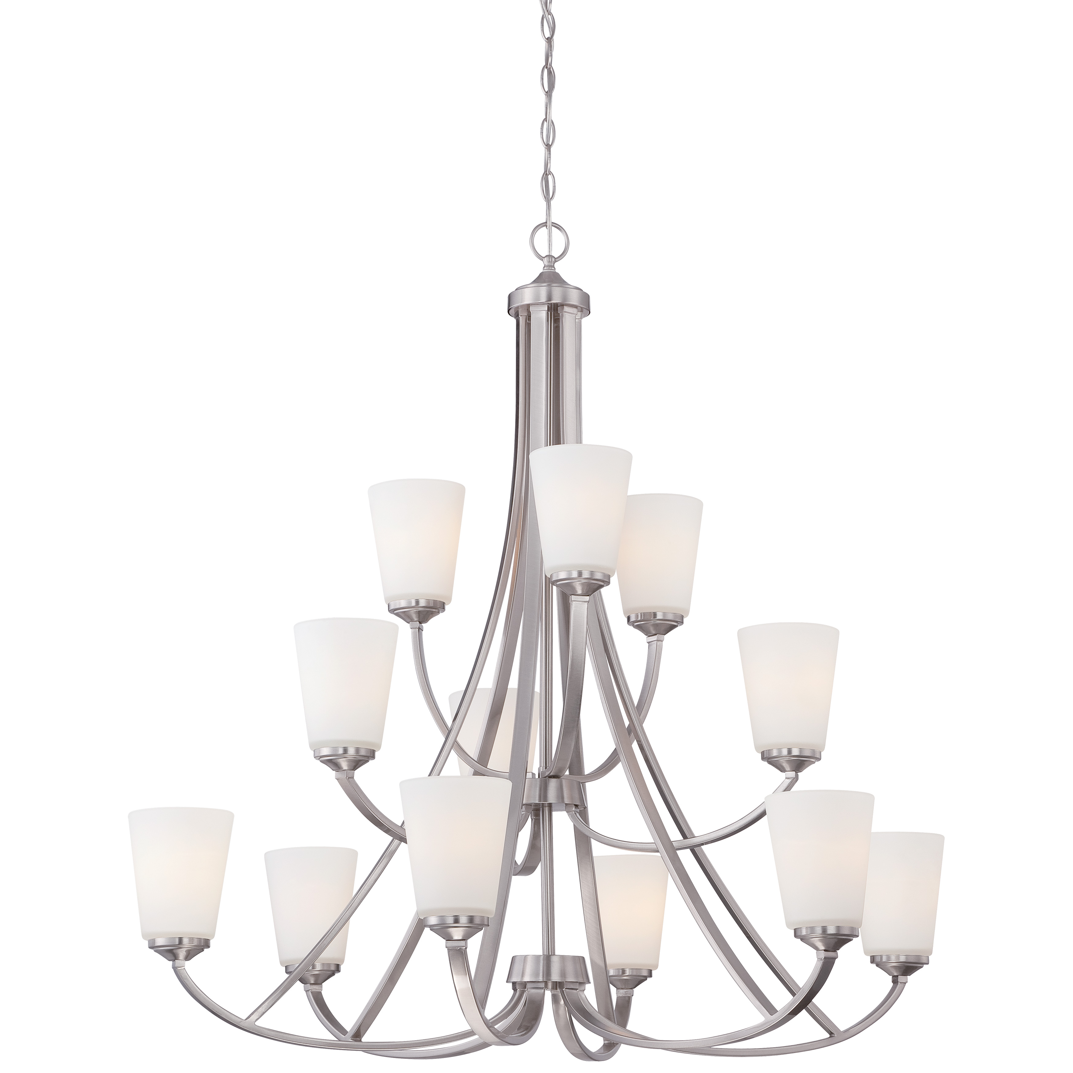 The Overland Park chandelier makes a stunning statement with 12 lights arranged in an elegant configuration. Its brushed nickel finish and etched white glass shades create a sophisticated look that bridges traditional and contemporary styles.
