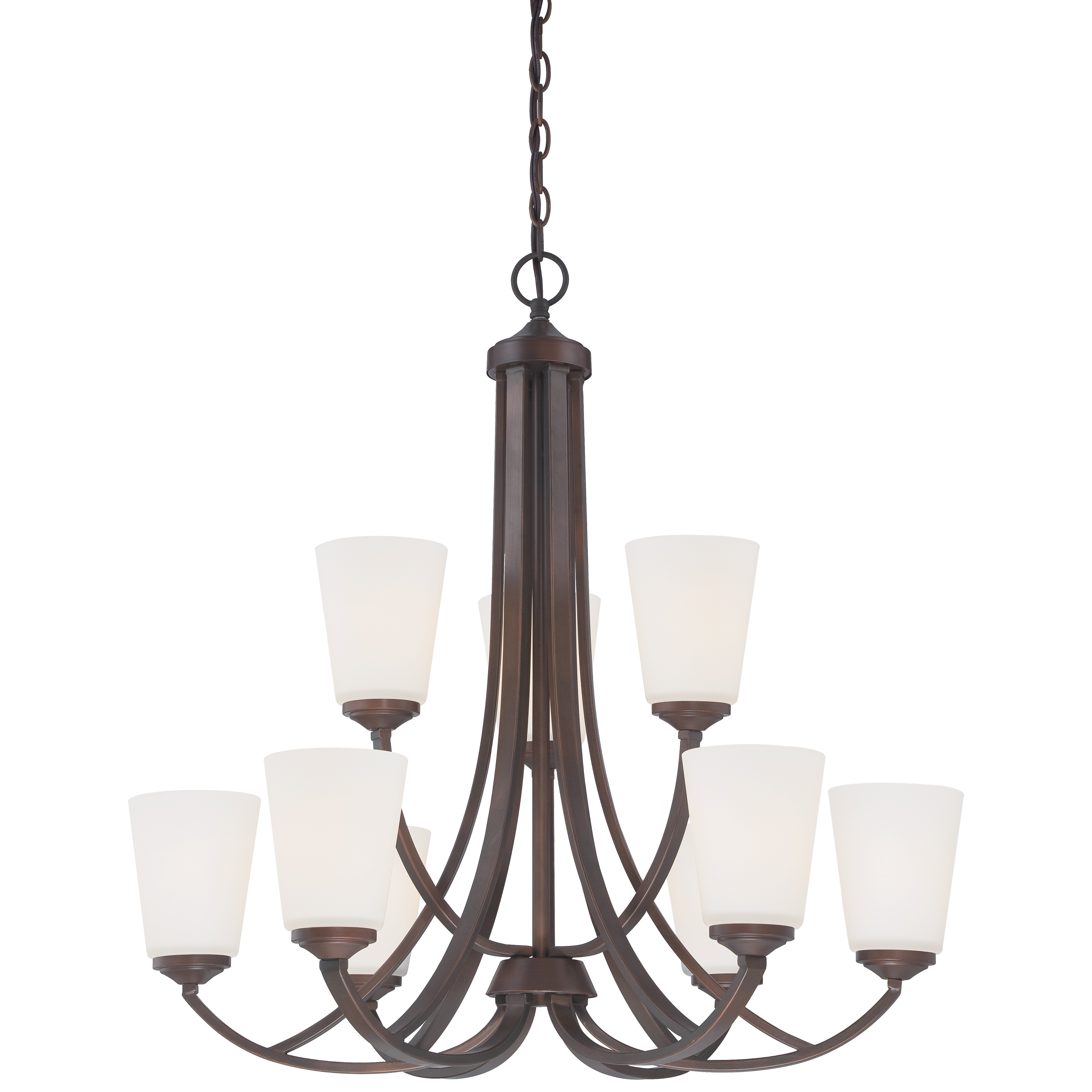 The Overland Park chandelier combines traditional elegance with transitional versatility. Nine lights provide ample illumination through etched white glass shades, while the vintage bronze finish adds warmth and character to any space.