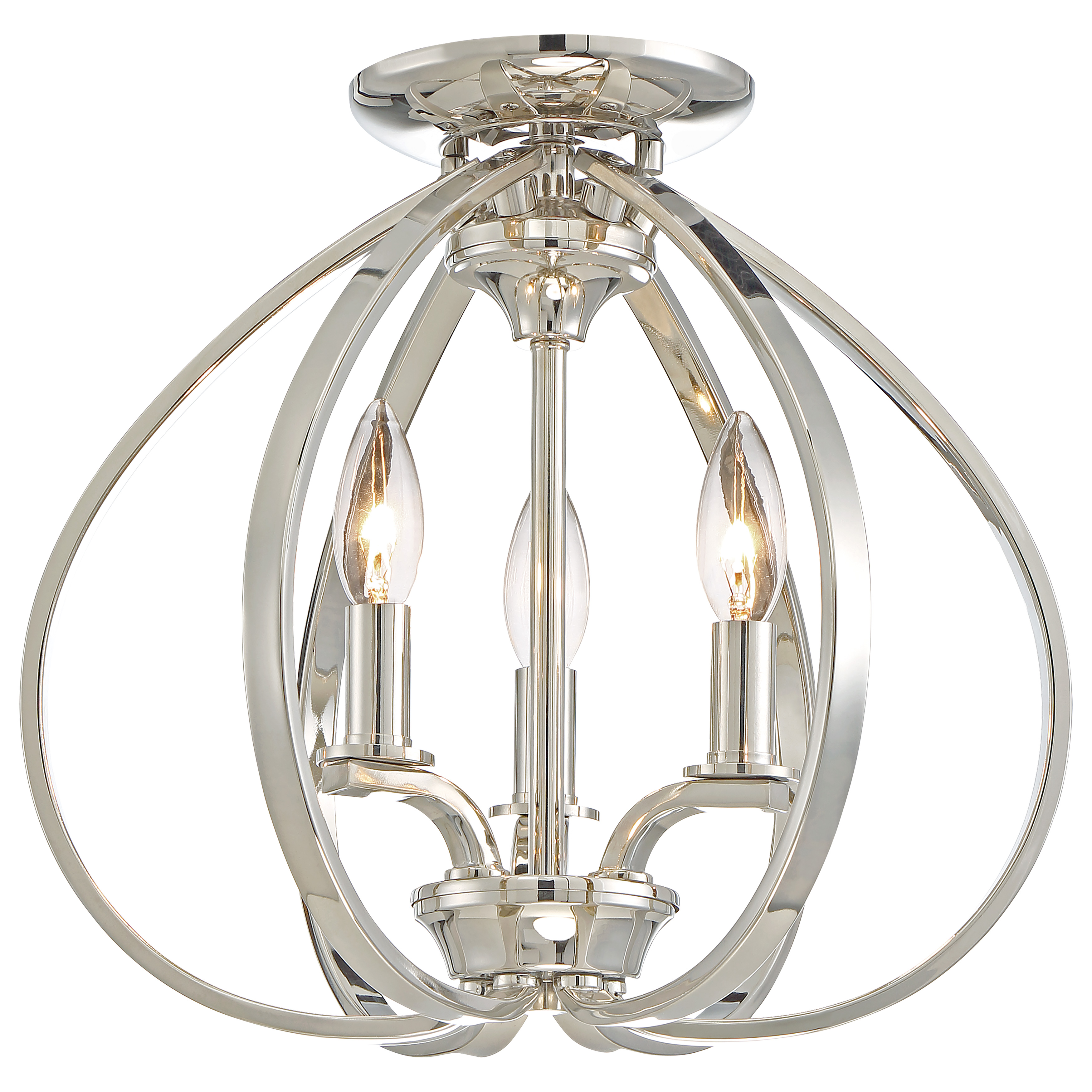 The Tilbury 3-light semi-flush mount combines classic elegance with contemporary appeal. Its polished nickel finish and compact 14-inch profile make it ideal for rooms with standard ceiling heights.