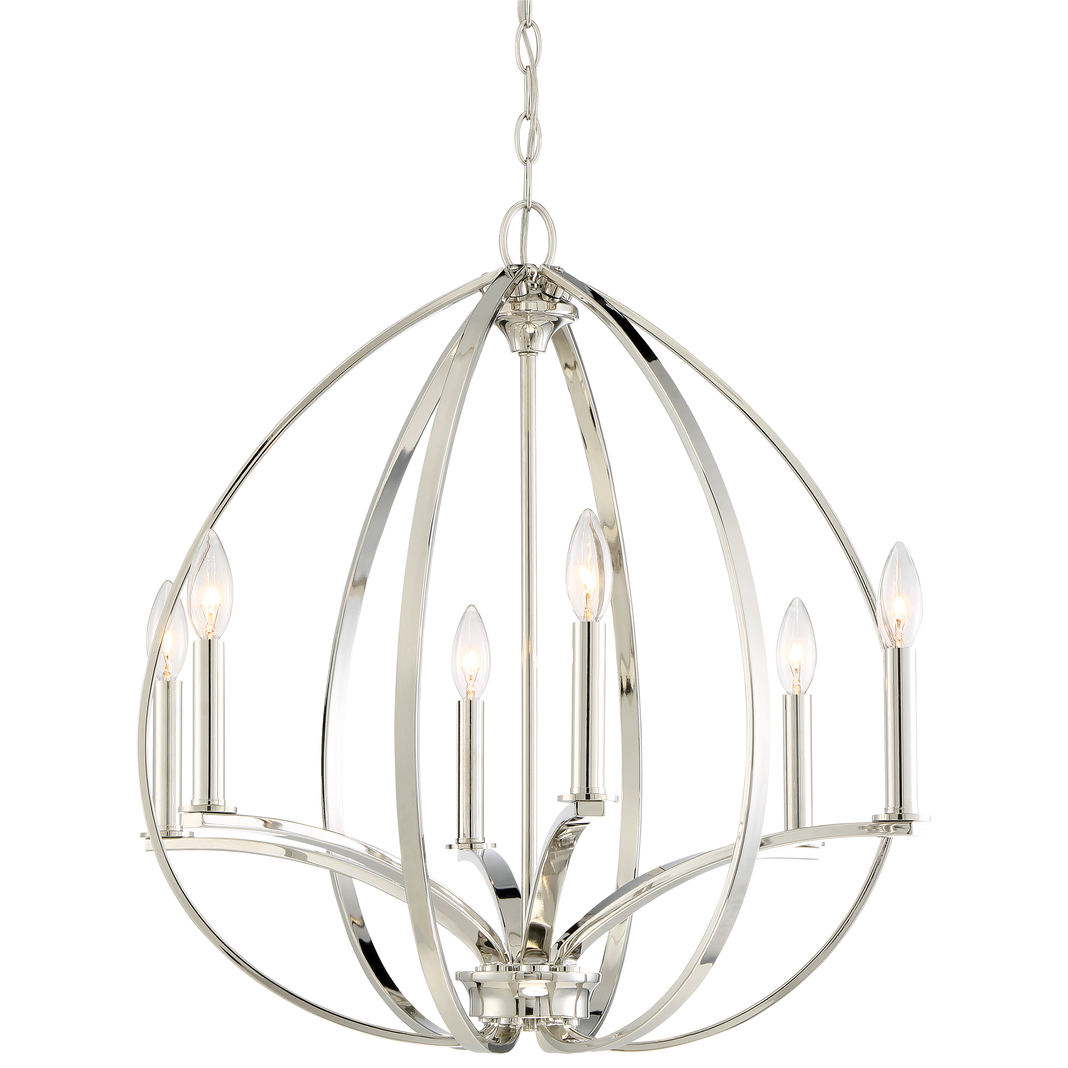The Tilbury pendant offers transitional elegance with its polished nickel finish and 6-light configuration. At 24 inches wide, it provides substantial illumination while maintaining refined proportions for medium-sized spaces.