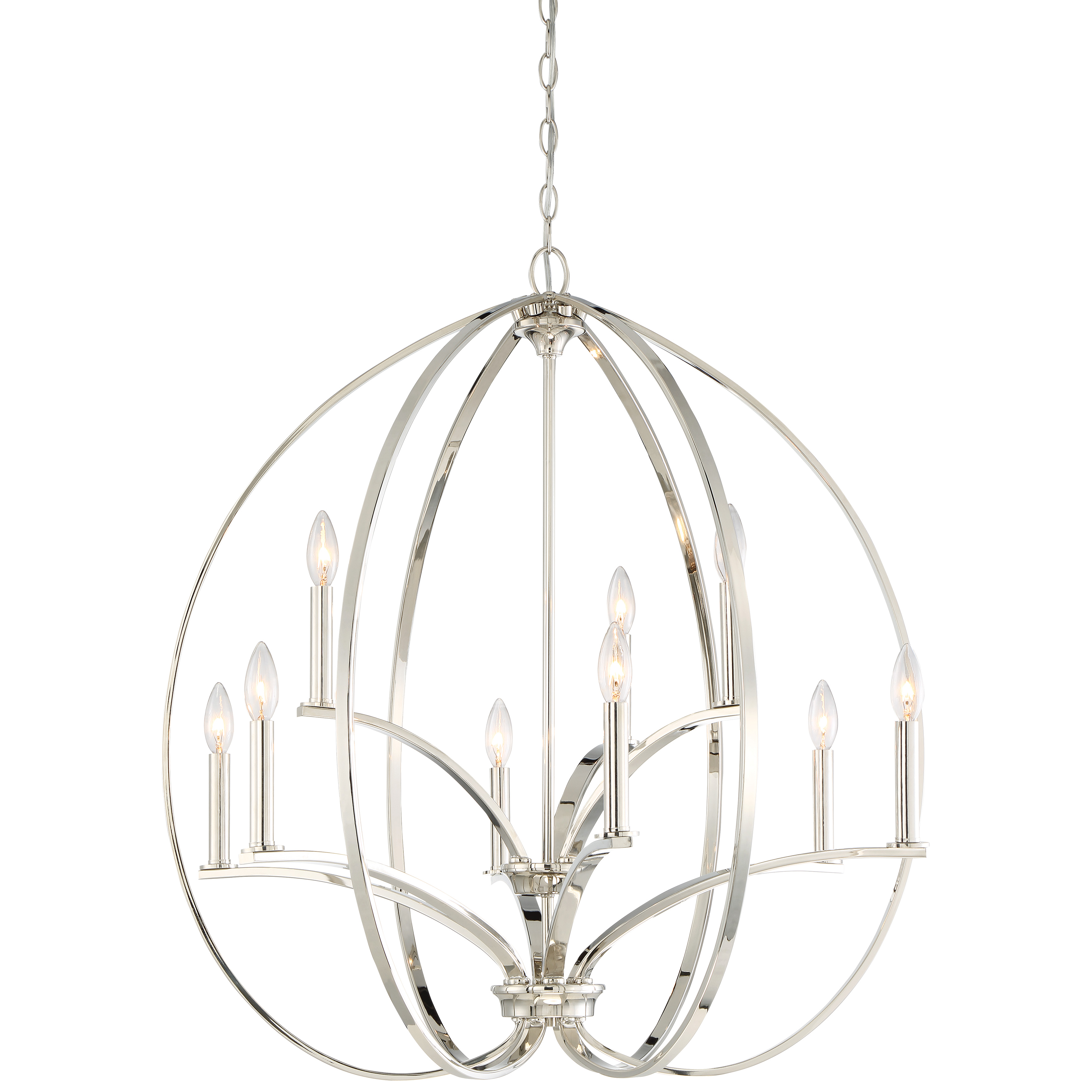 The Tilbury chandelier combines classic candelabra styling with contemporary proportions. Its polished nickel finish and 9-light configuration deliver substantial illumination while maintaining refined elegance for formal dining rooms and grand entryways.