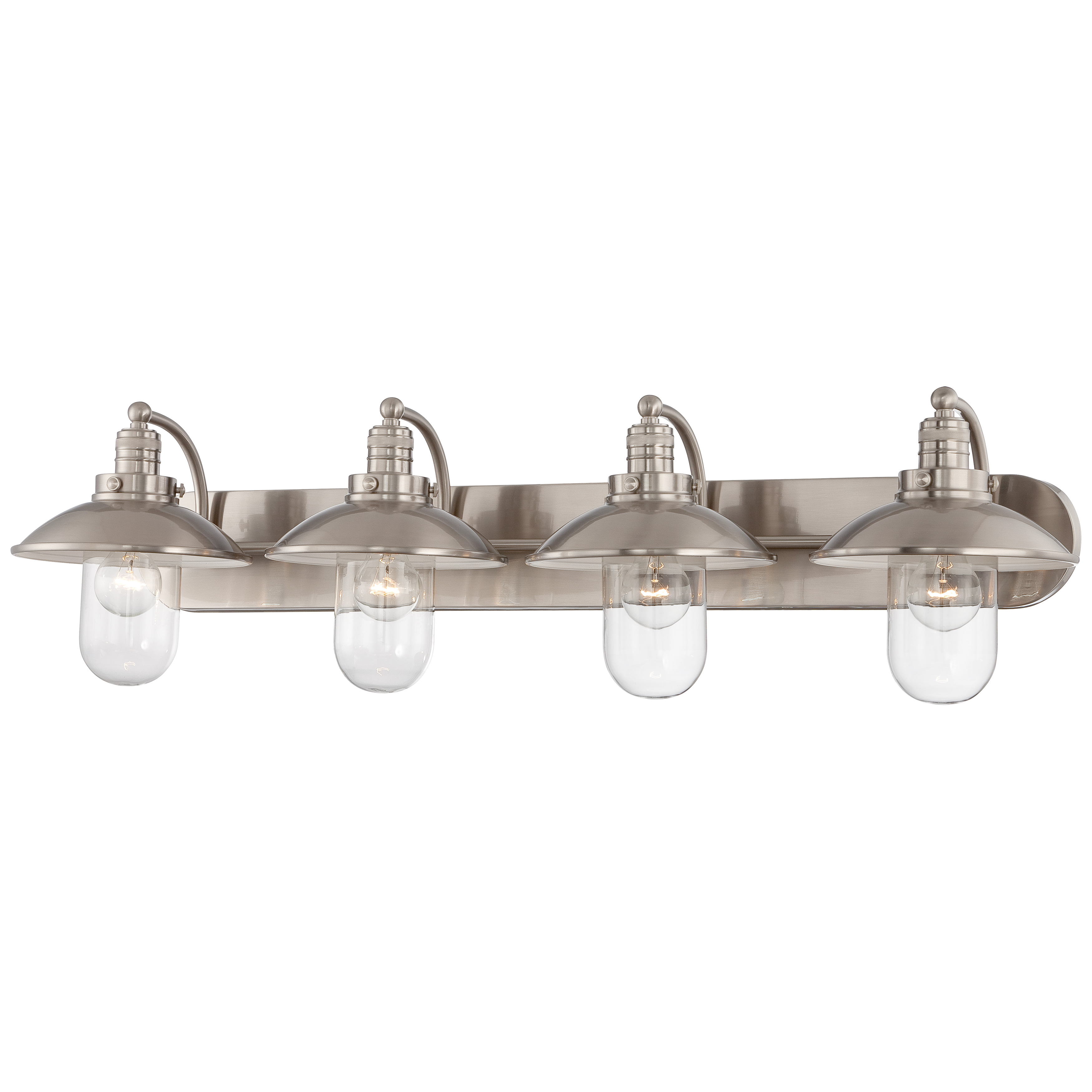 The Downtown Edison 4-Light Bath brings industrial-chic style to larger bathrooms with its 38.5-inch span and exposed Edison bulb design. Brushed nickel finish and clear glass shades create a contemporary look that works beautifully in modern and transitional spaces.