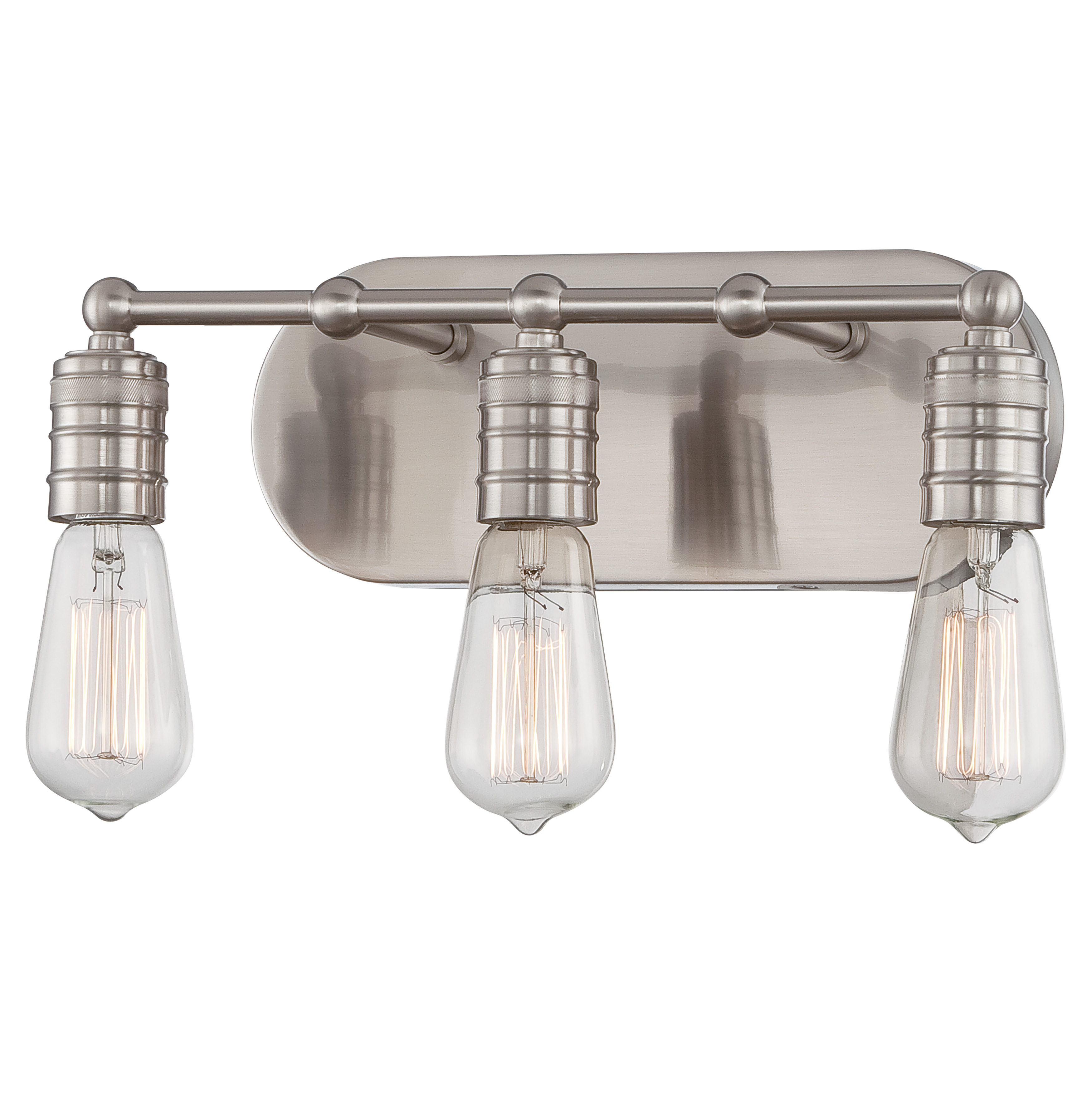 The Downtown Edison 3-Light Bath fixture brings industrial-chic style to bathroom vanities with exposed Edison bulbs and a sleek brushed nickel finish. Compact at 14.5" wide, it's ideal for smaller bathrooms while providing ample task lighting.