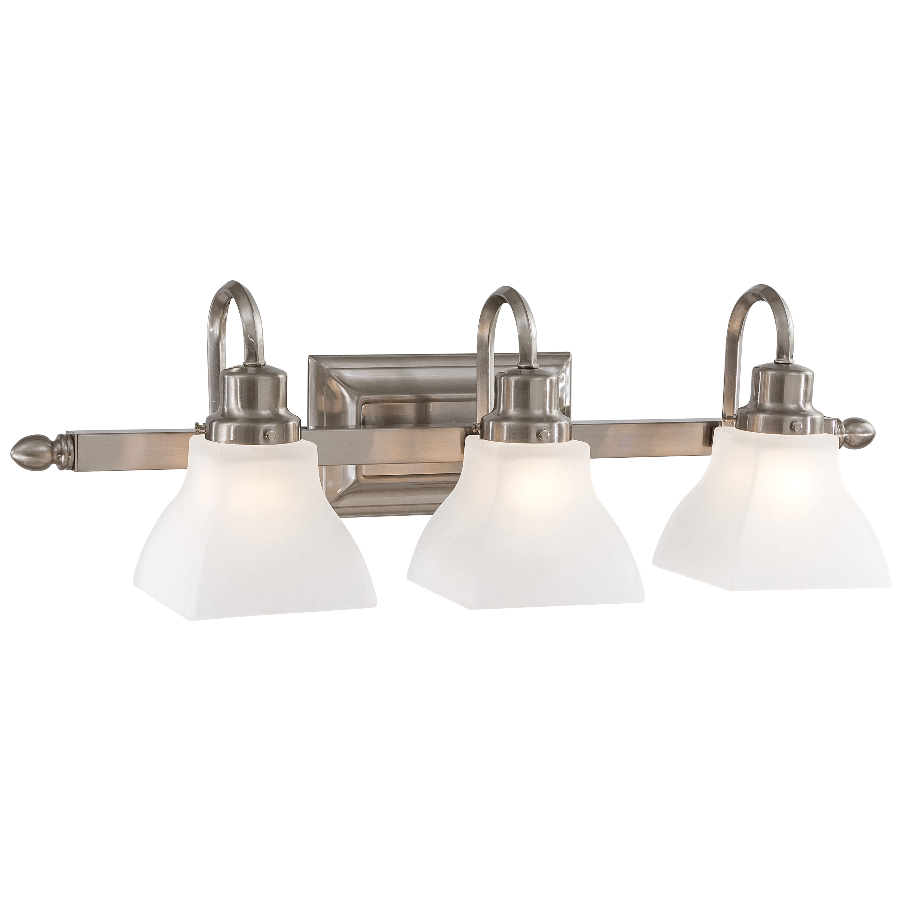The Mission Ridge 3-Light Bath fixture brings traditional craftsmanship to modern bathrooms. Its brushed nickel finish and glass shades provide excellent task lighting while complementing a wide range of décor styles.