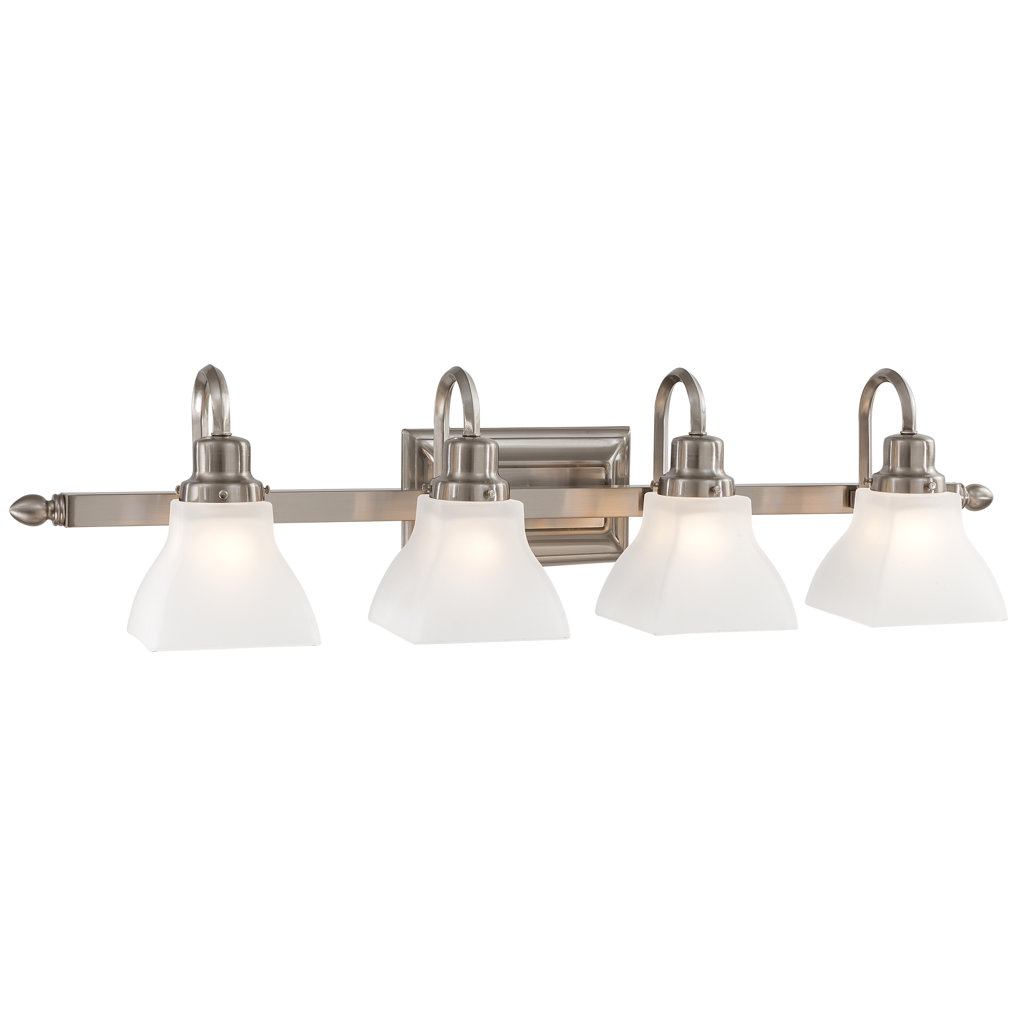 The Mission Ridge 4-Light Bath fixture combines traditional craftsmanship with practical functionality. Its 33.5-inch span and brushed nickel finish provide elegant illumination for medium to large vanities.