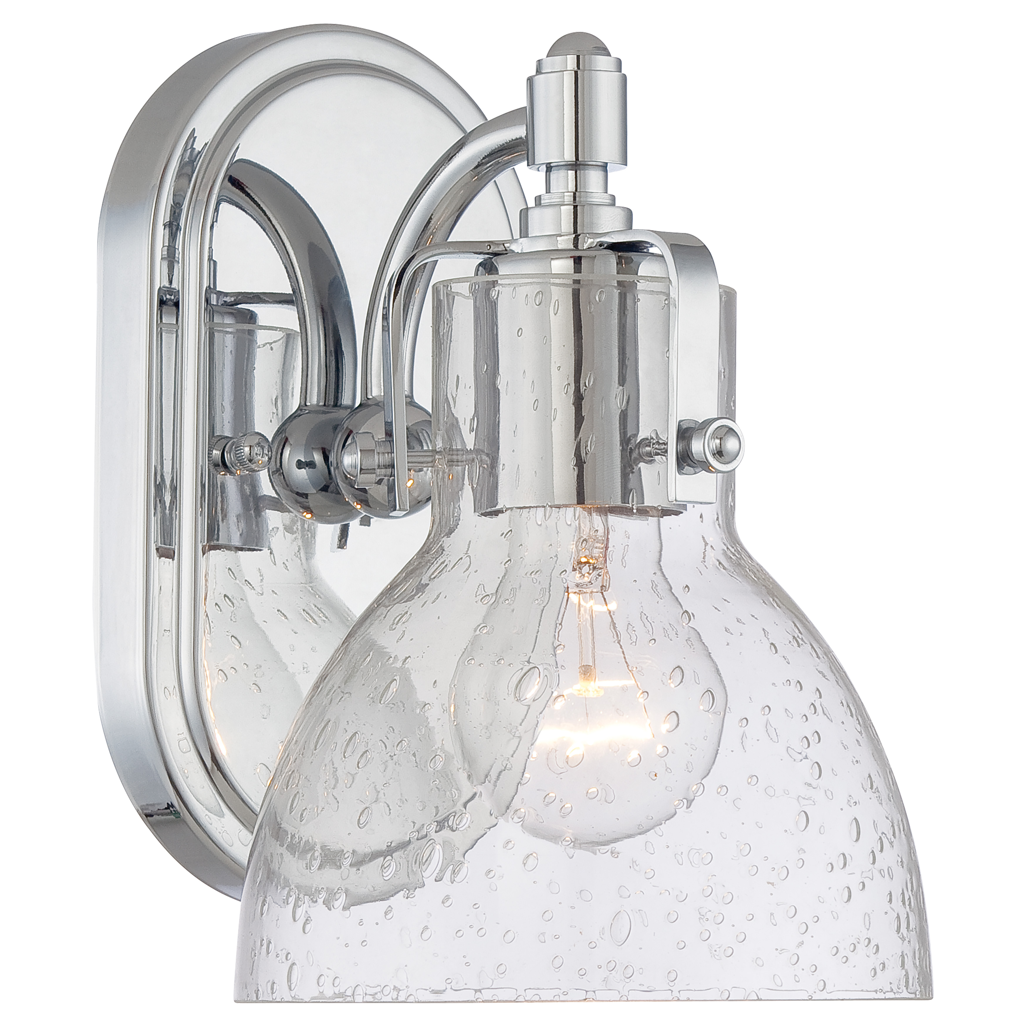 This compact wall sconce combines timeless chrome finish with clear seeded glass for subtle texture and visual interest. Perfect for bathrooms and powder rooms, it provides functional lighting with transitional style appeal.