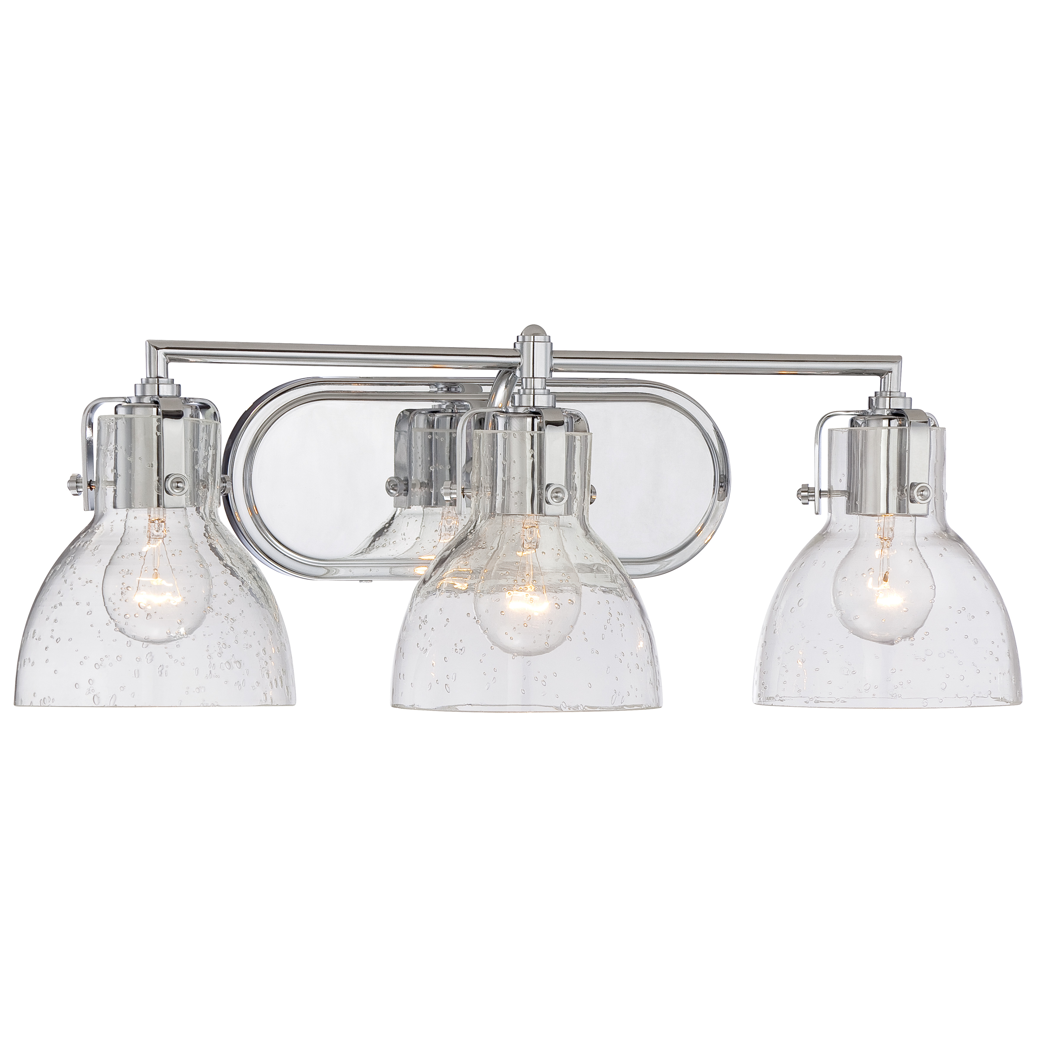 This 3-light bath fixture combines transitional elegance with practical illumination. The clear seeded glass shades add vintage texture while chrome finish keeps it contemporary. At 23 inches wide, it's perfectly sized for standard vanities.