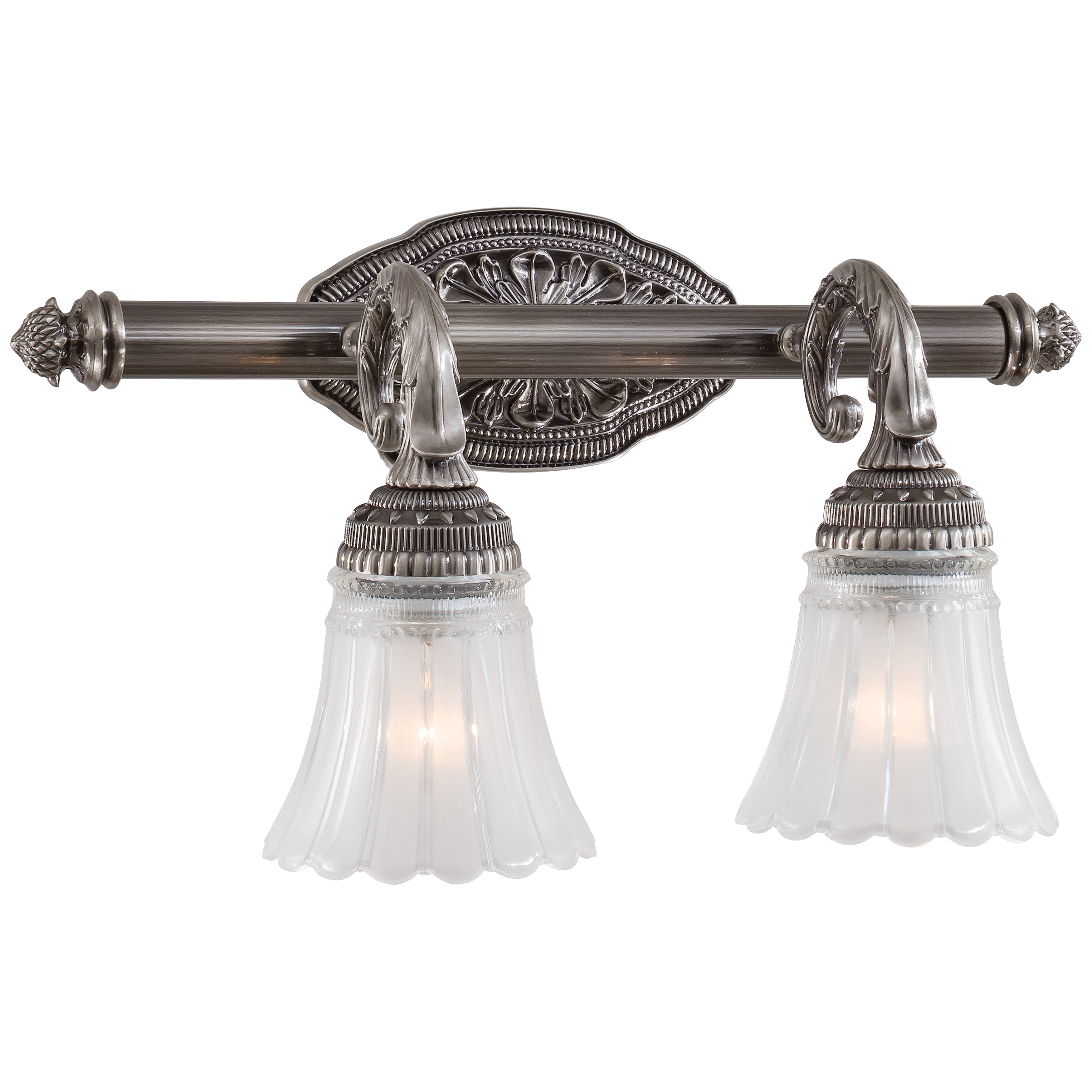 The Europa Bath 2-Light vanity fixture delivers traditional styling with etched clear glass shades and a versatile brushed nickel finish. Ideal for bathrooms and powder rooms, this compact fixture provides balanced illumination.