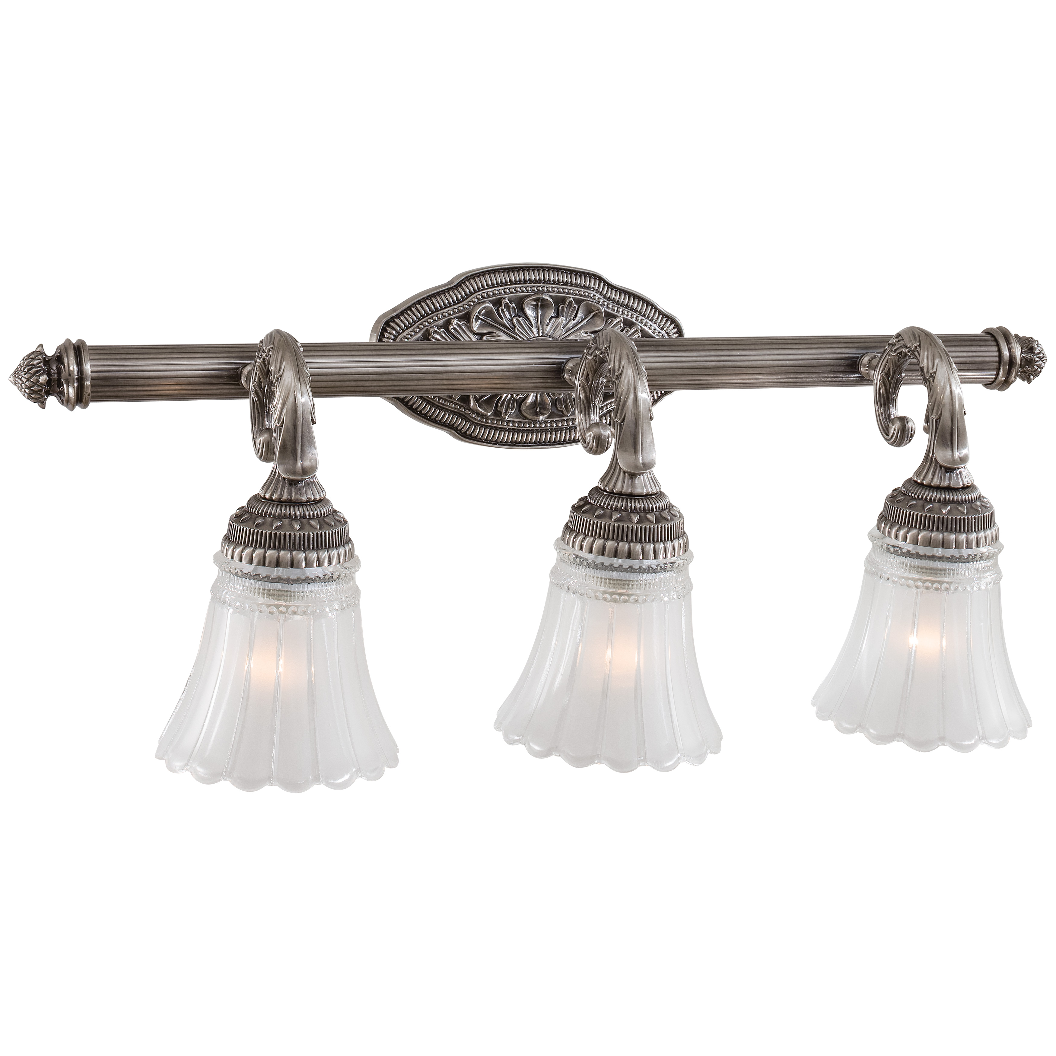 The Europa Bath 3-Light vanity fixture delivers traditional styling with a versatile brushed nickel finish and etched clear glass shades. At 25.5 inches wide, it provides ample illumination for medium to large vanities.