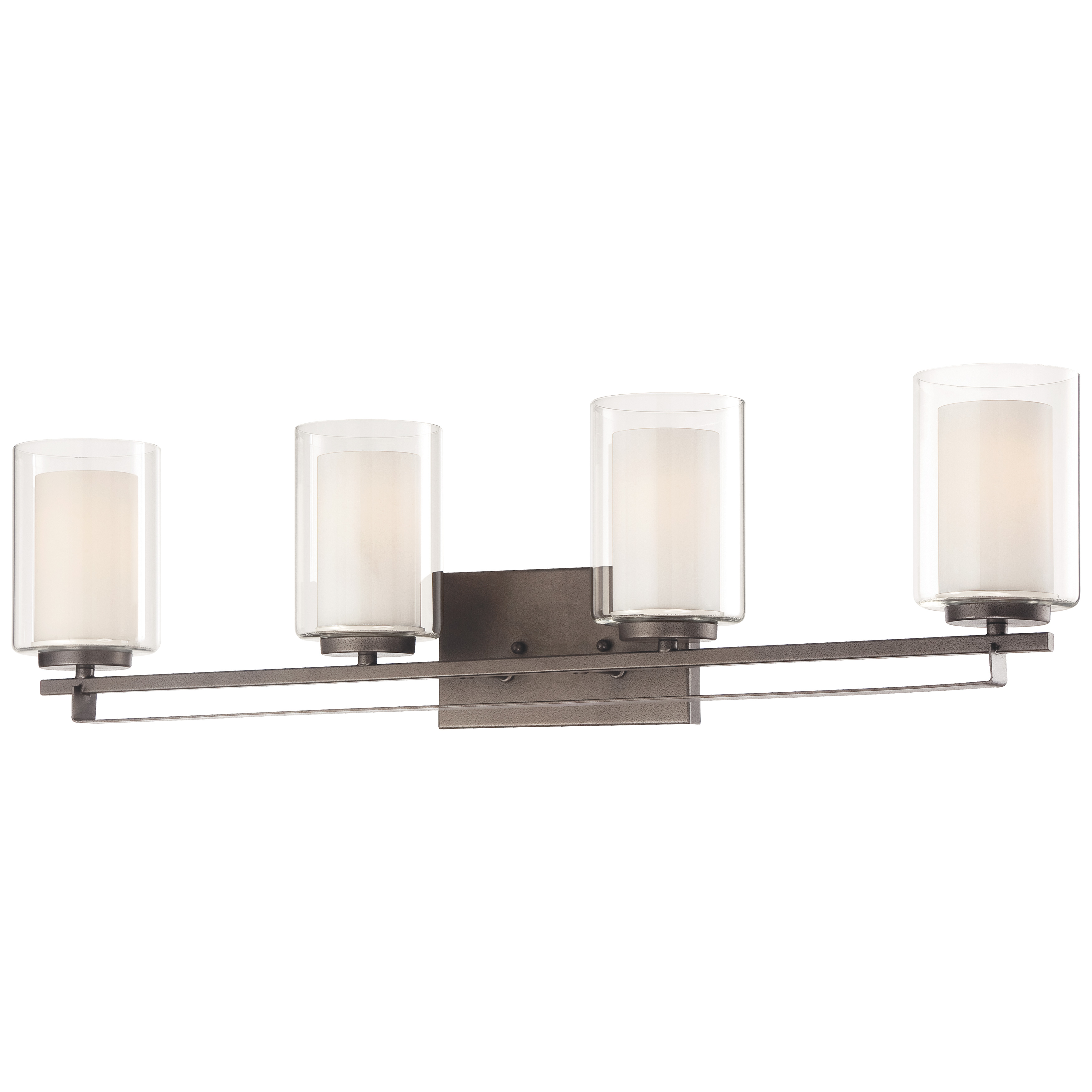 The Parsons Studio 4-Light Bath combines smoked iron finish with clear and etched white glass for a refined transitional look. At 32.5 inches wide, it provides excellent illumination for medium to large vanities.