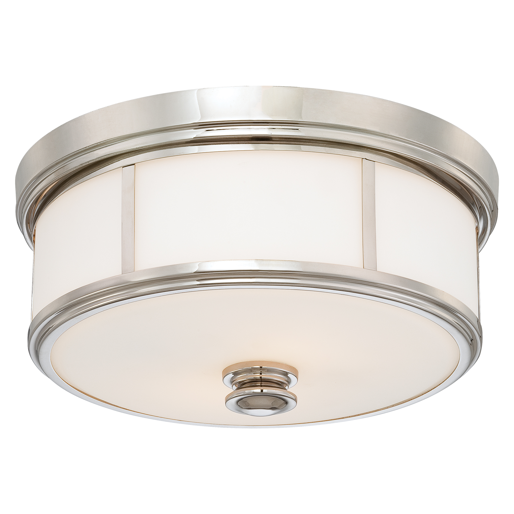 This traditional flush mount delivers abundant illumination through five bulbs and etched opal glass, perfect for rooms with standard ceiling heights. The polished nickel finish adds refined elegance to any space.