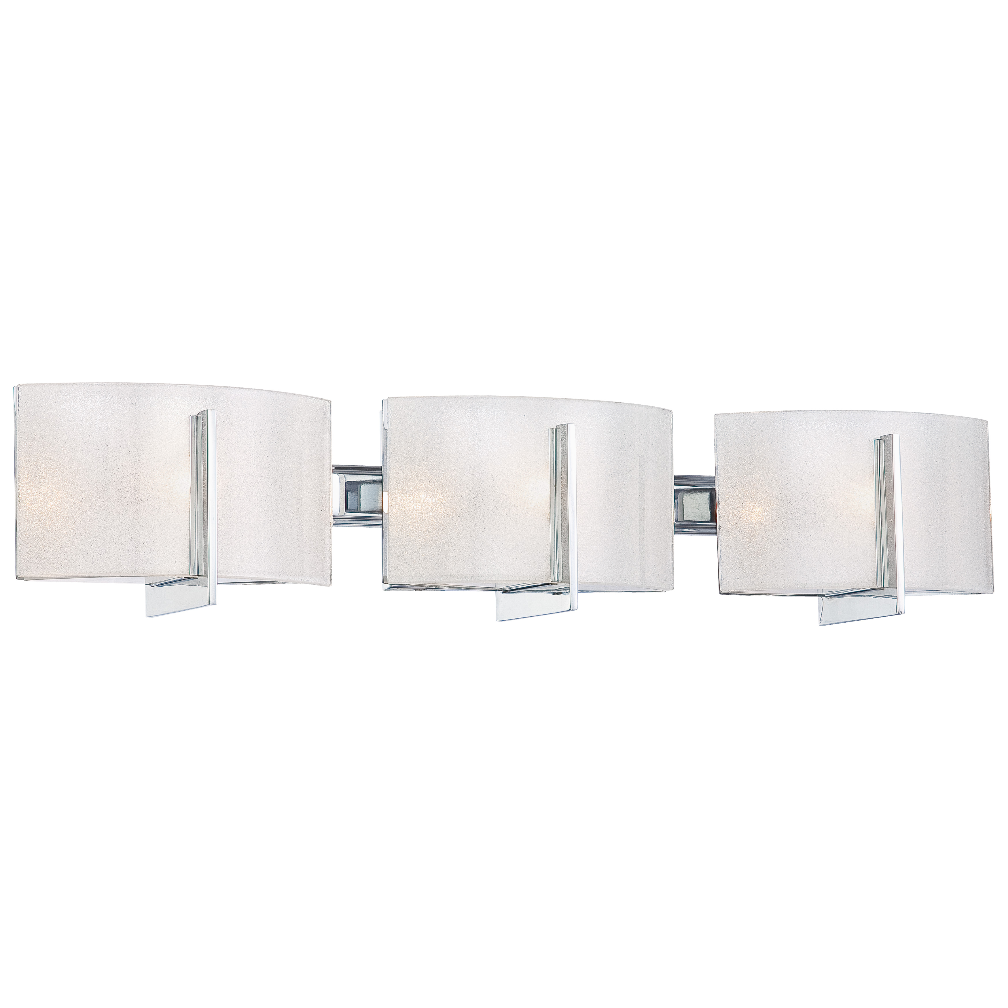 The Clarté 3-Light Bath fixture combines polished chrome with white iris glass for a clean, sophisticated look. At 26.75 inches wide, it's perfectly sized for medium vanities and provides balanced illumination.