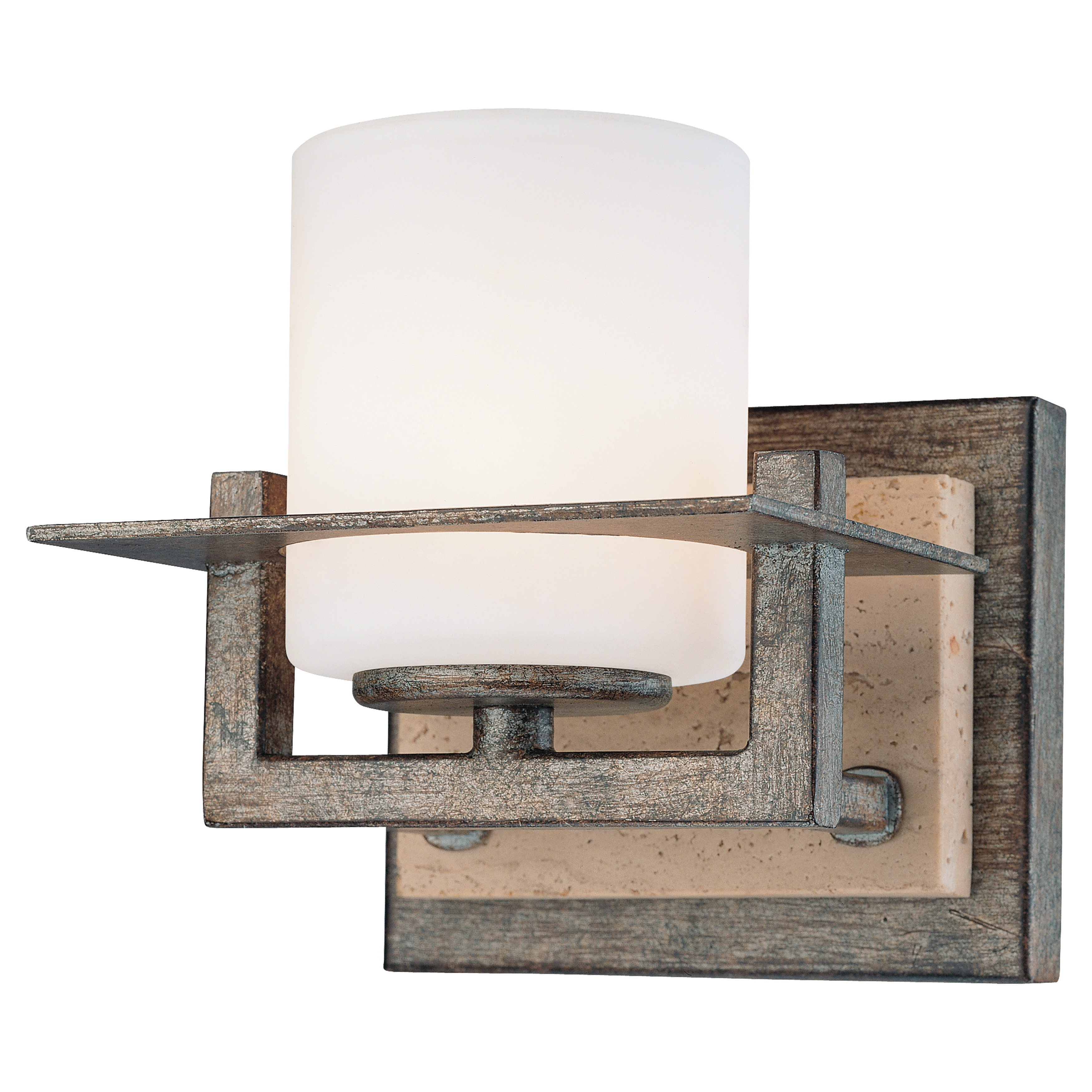 The Compositions bath sconce combines aged patina iron with natural travertine stone for a sophisticated traditional look. Compact 5.5-inch design with etched opal glass provides soft, diffused lighting ideal for vanity areas.