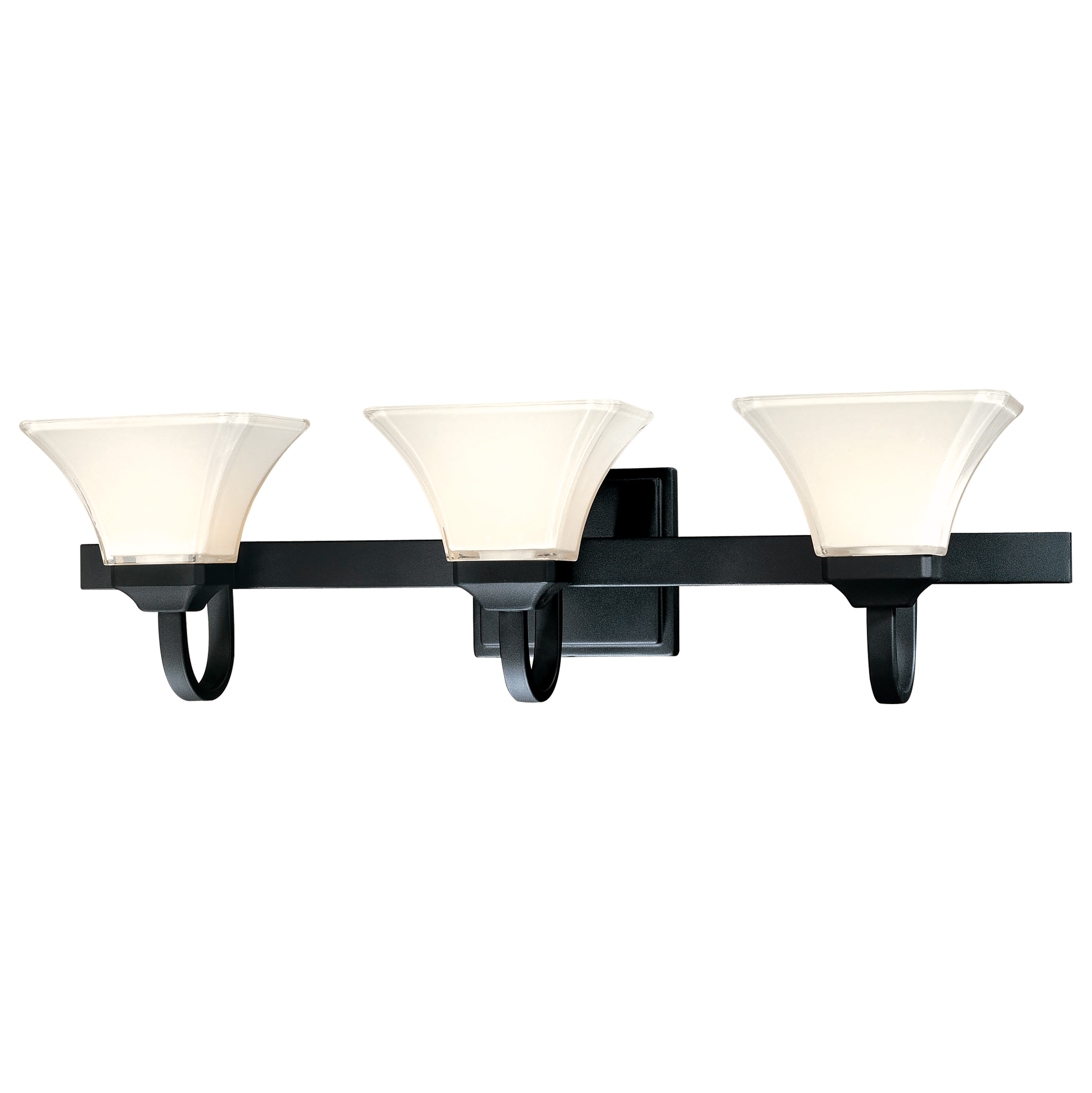 The Agilis 3-Light Bath combines transitional styling with modern functionality. Its 32-inch width and Sand Coal Black finish with Lamina Blanca glass shades create a refined look perfect for contemporary bathrooms.