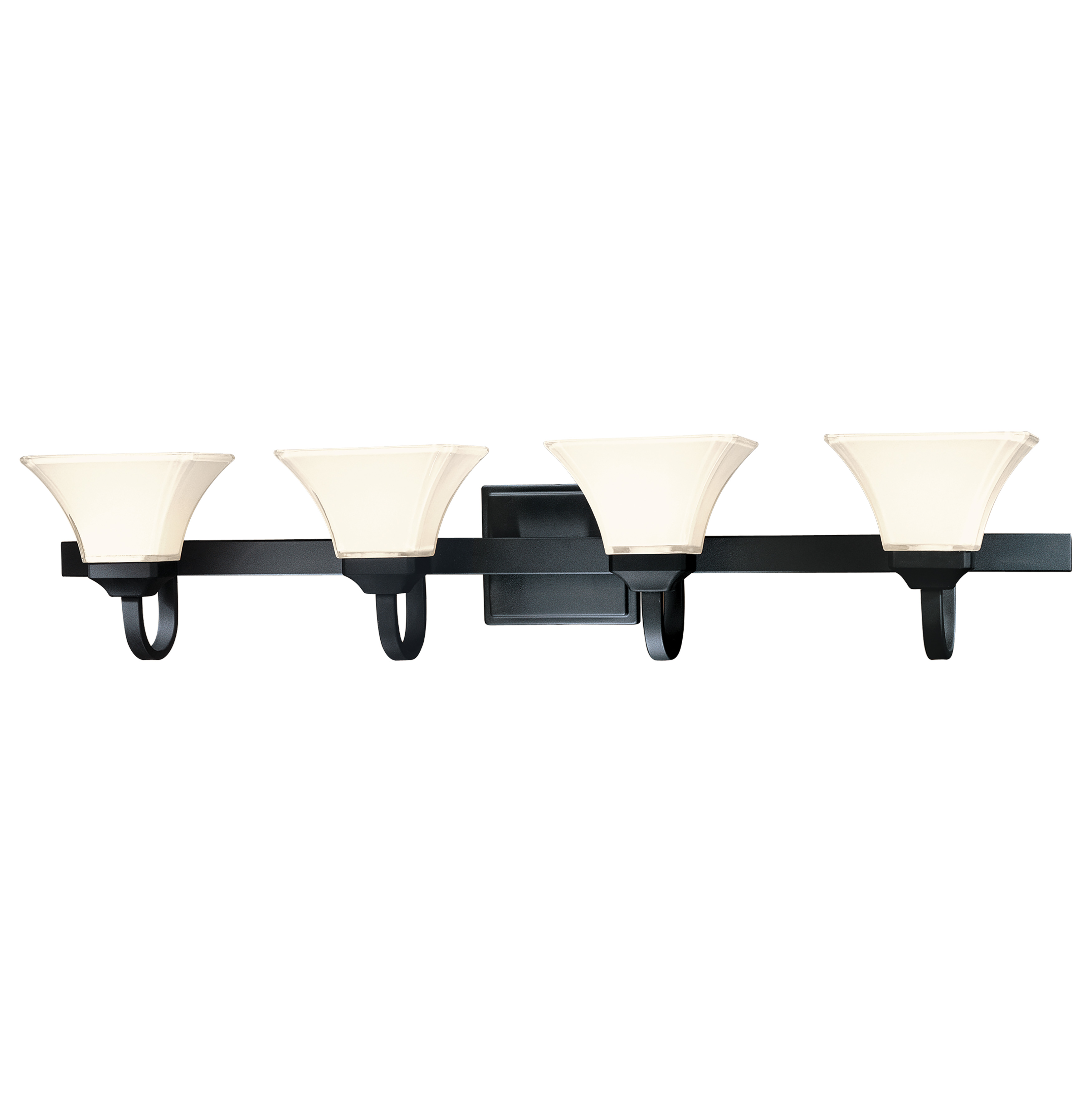 The Agilis 4-Light Bath offers a striking 43-inch span perfect for double vanities. Its transitional design pairs Sand Coal Black finish with Lamina Blanca glass shades, creating sophisticated illumination for modern bathrooms.
