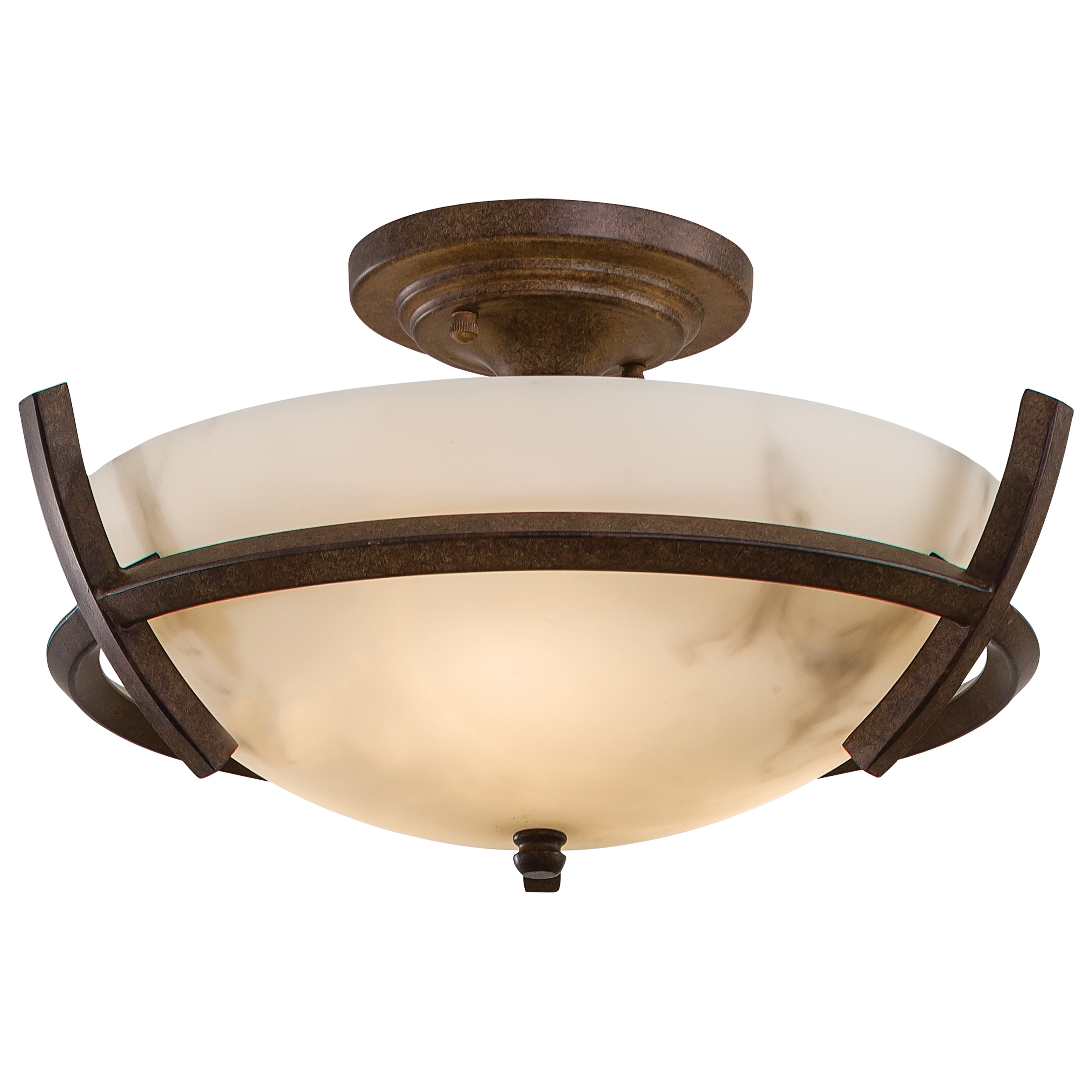 The Calavera semi-flush mount combines a warm Nutmeg bronze finish with soft alabaster glass shades, creating ambient lighting perfect for smaller spaces. Its 14-inch width and low 7.75-inch profile make it ideal for standard ceiling heights.