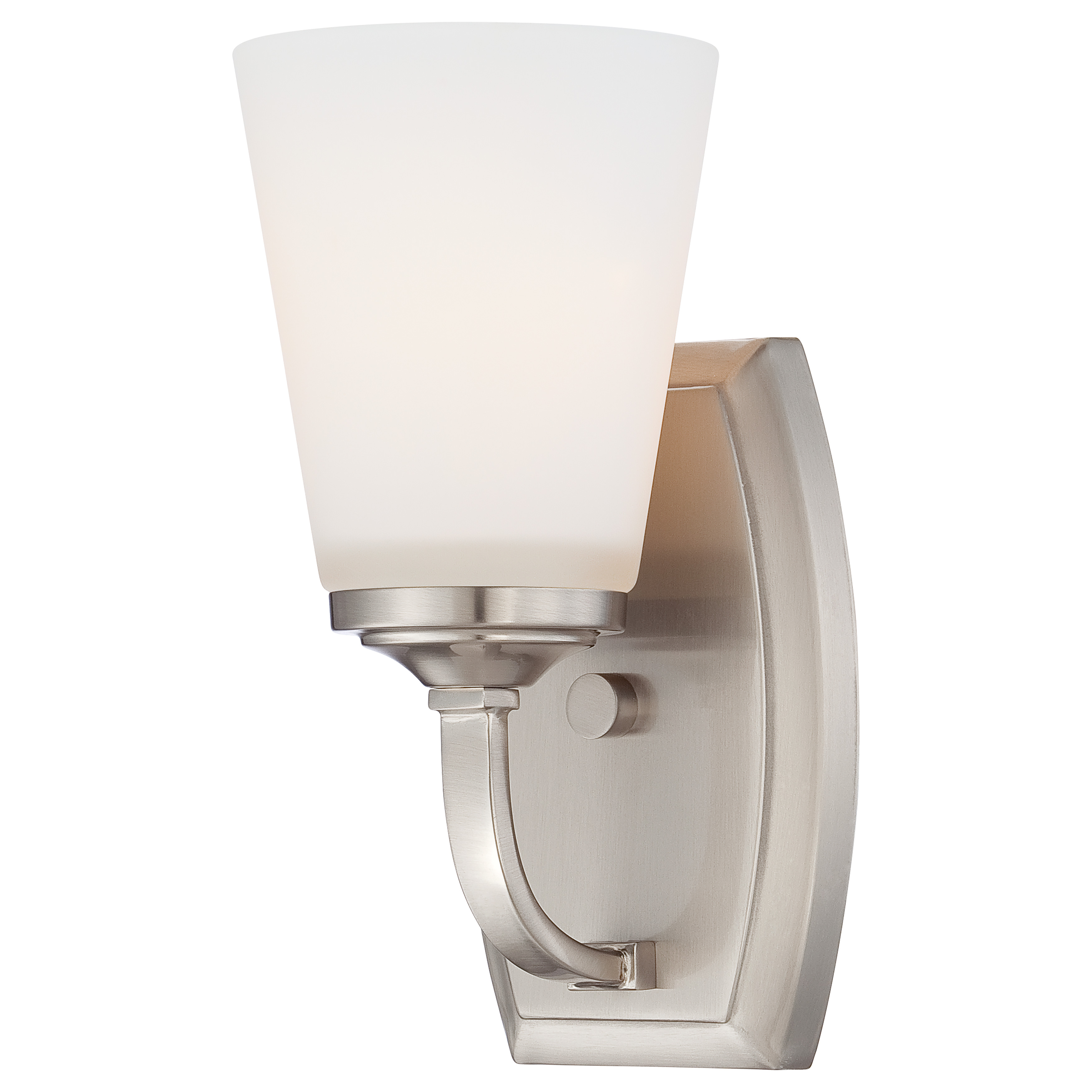 The Overland Park 1-Light Bath Vanity offers a clean, transitional design perfect for smaller bathrooms and powder rooms. Its brushed nickel finish and etched opal glass shade provide soft, diffused lighting.