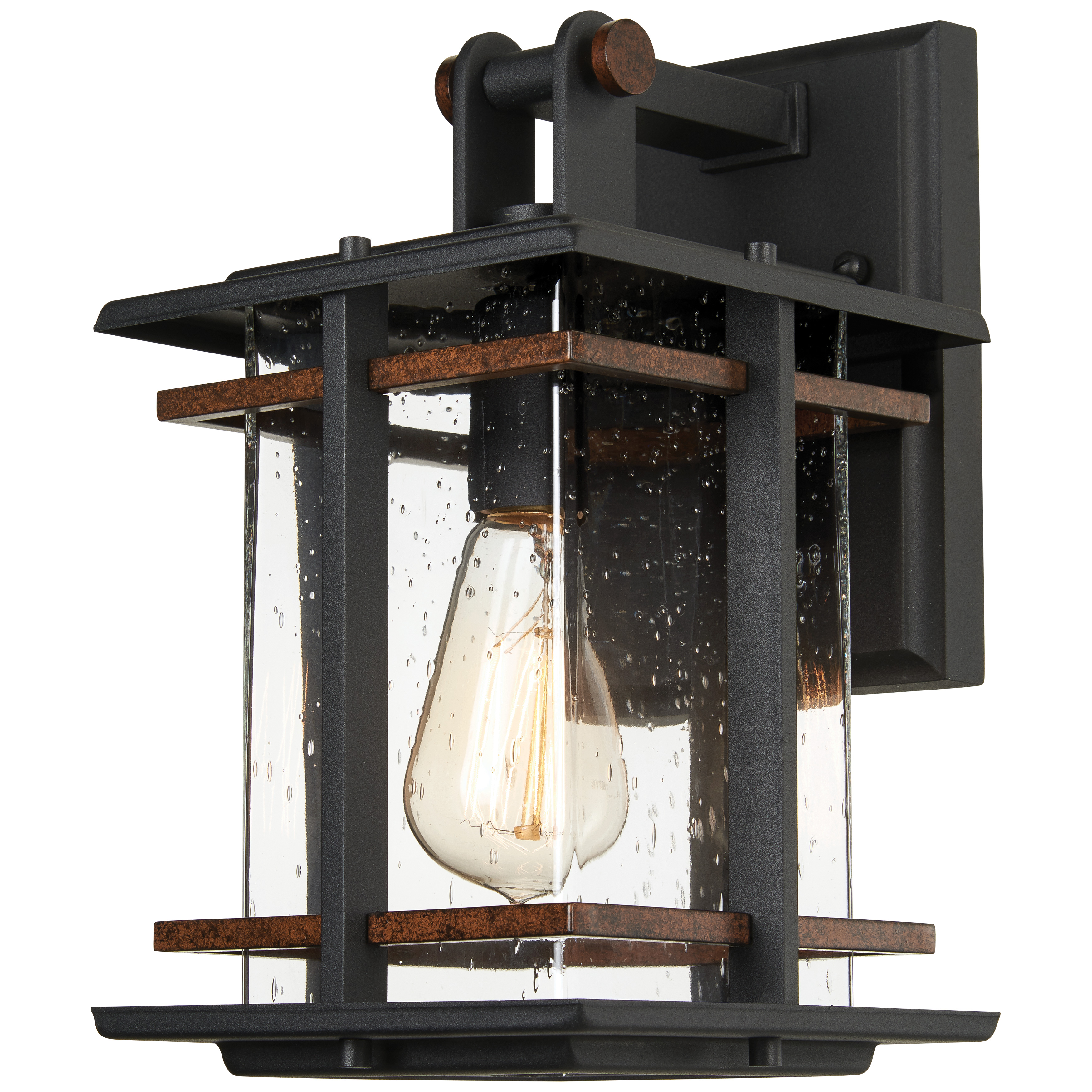 1 Light Wall Mount in Black Finish with Antique Copper Accents with Clear Seeded Glass