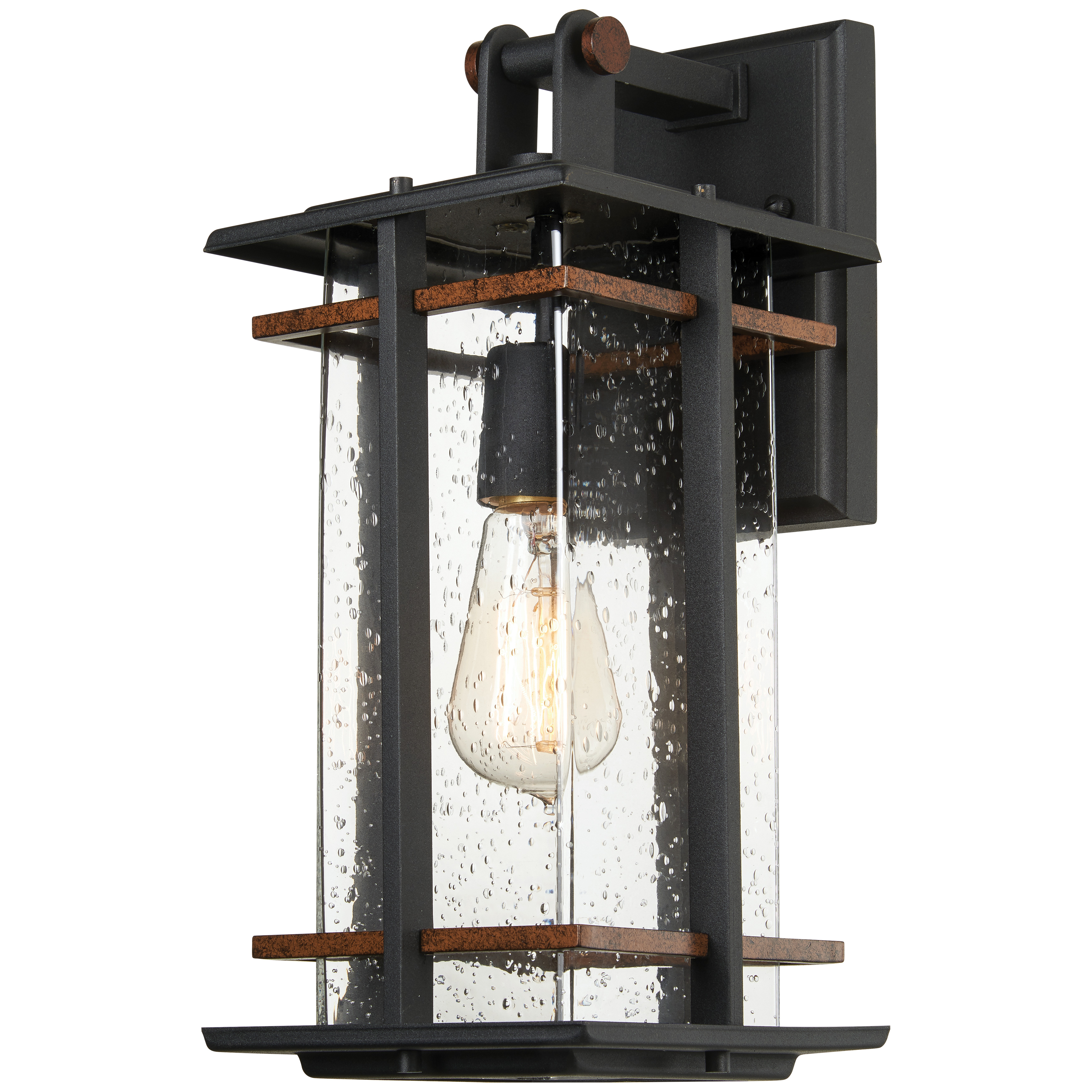 1 Light Wall Mount in Black Finish with Antique Copper Accents with Clear Seeded Glass