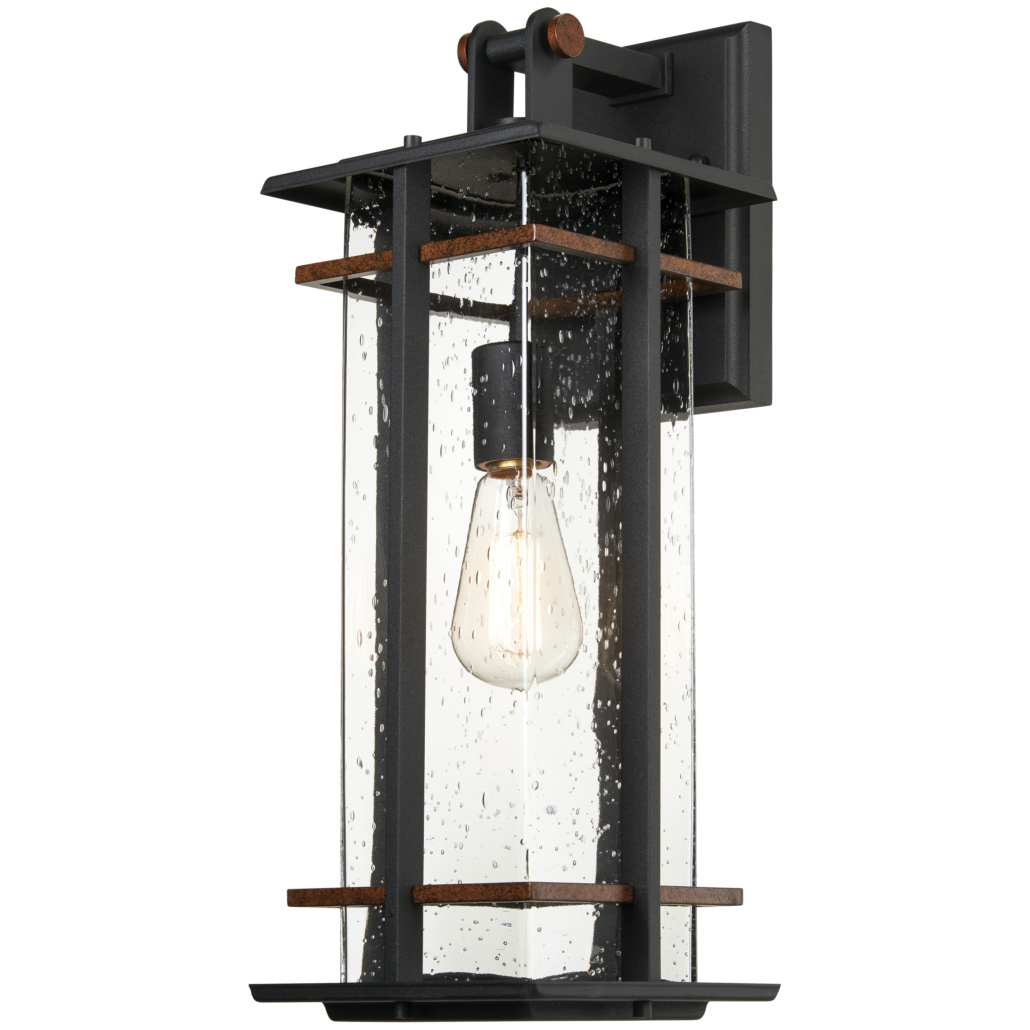 1 Light Wall Mount in Black Finish with Antique Copper Accents with Clear Seeded Glass