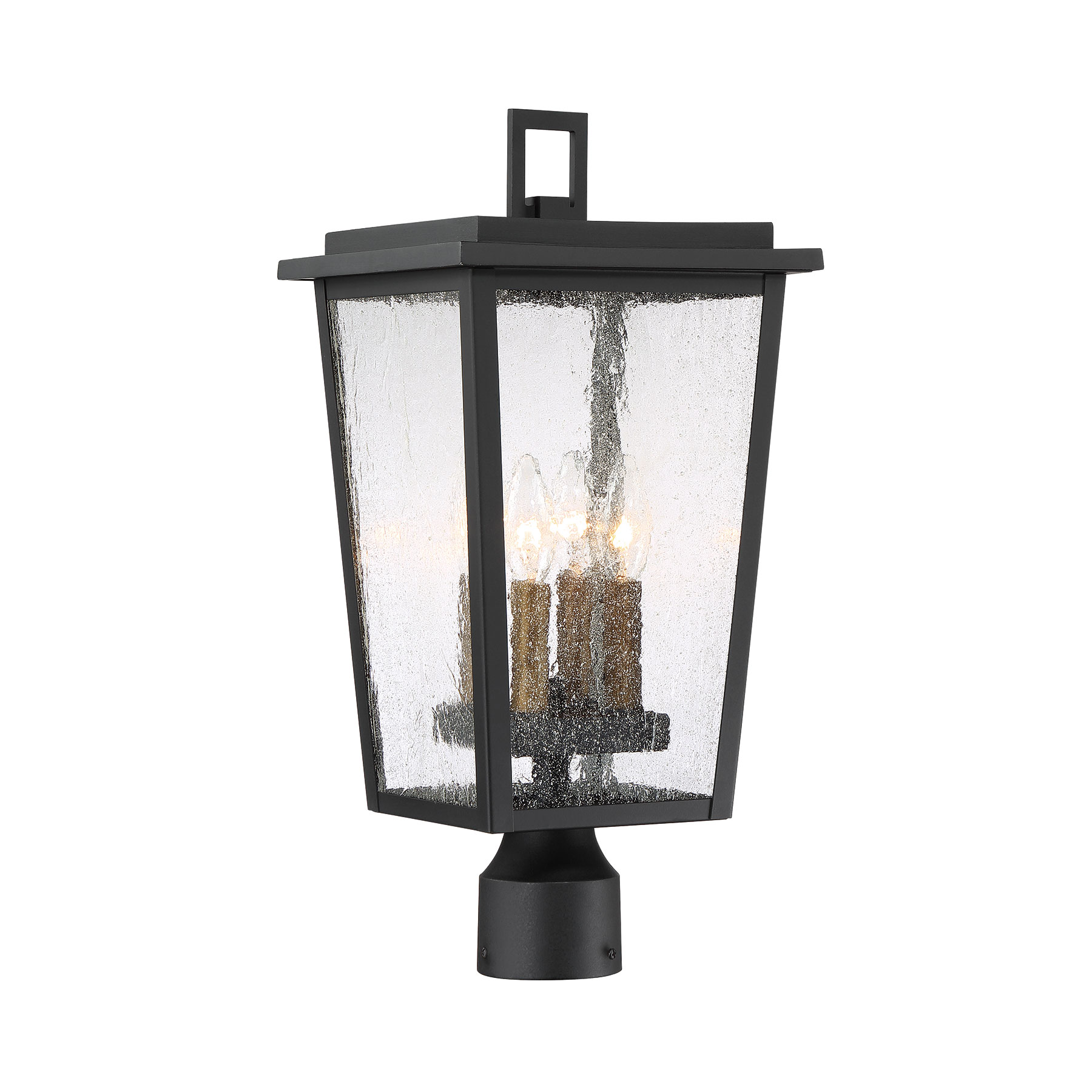 4 Light Post Mount in Sand Coal Finish with Clear Seeded Glass and Interchangeable Burnt Gold or Sand Coal Candle Sleeves (included)