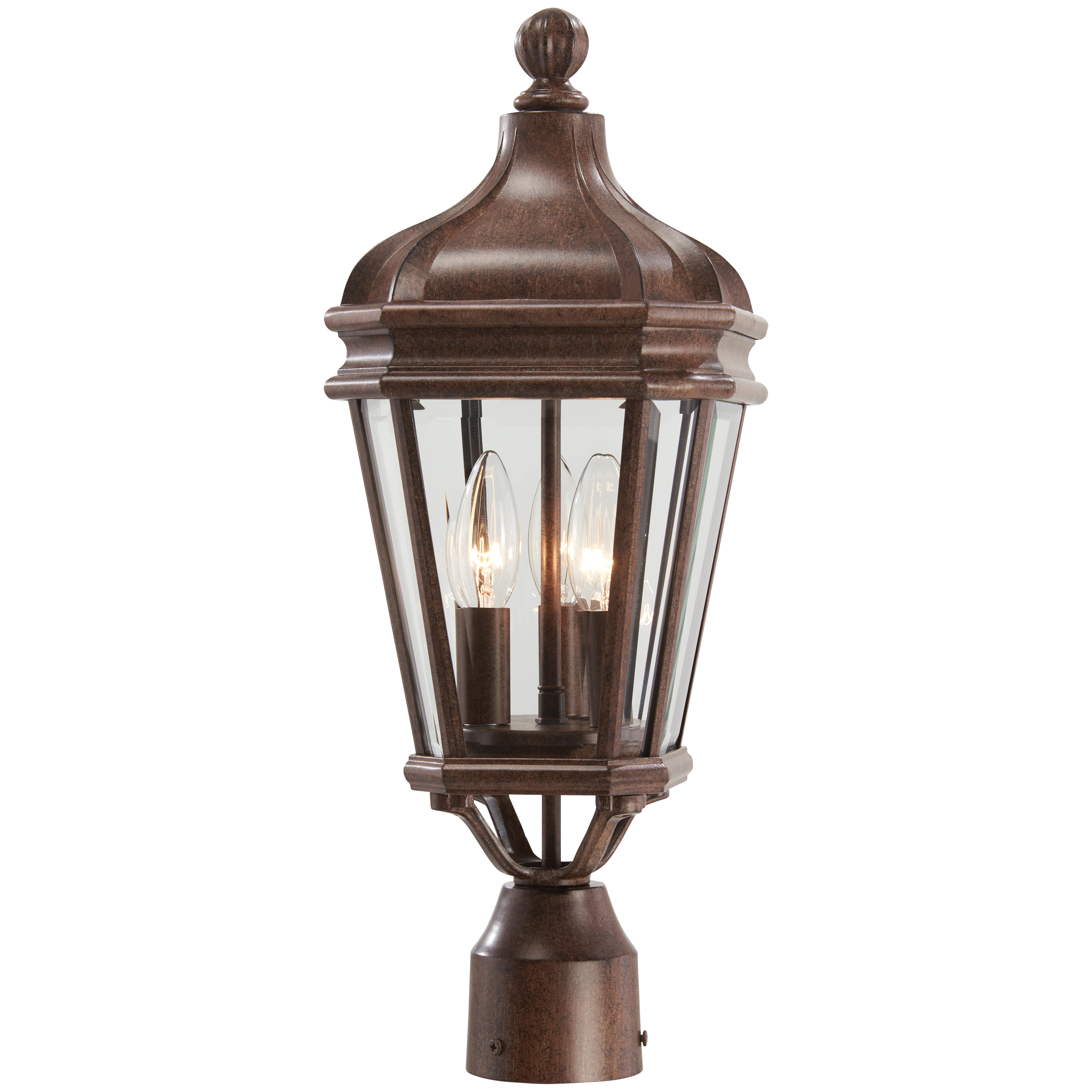 3 Light Post Mount in Vintage Rust™ Finish with Double French Scavo Clear Beveled Glass