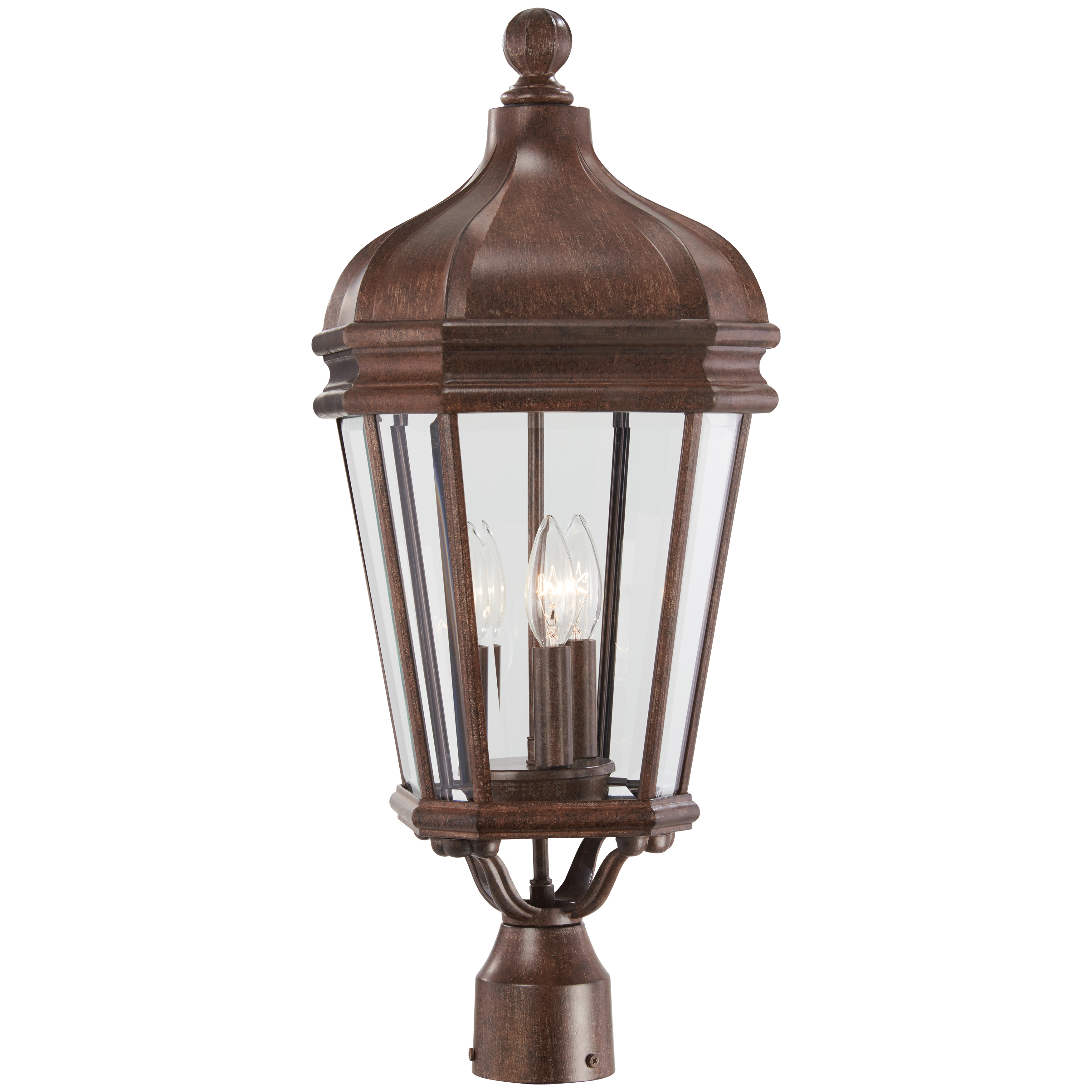 3 Light Post Mount in Vintage Rust™ Finish with Double French Scavo Clear Beveled Glass