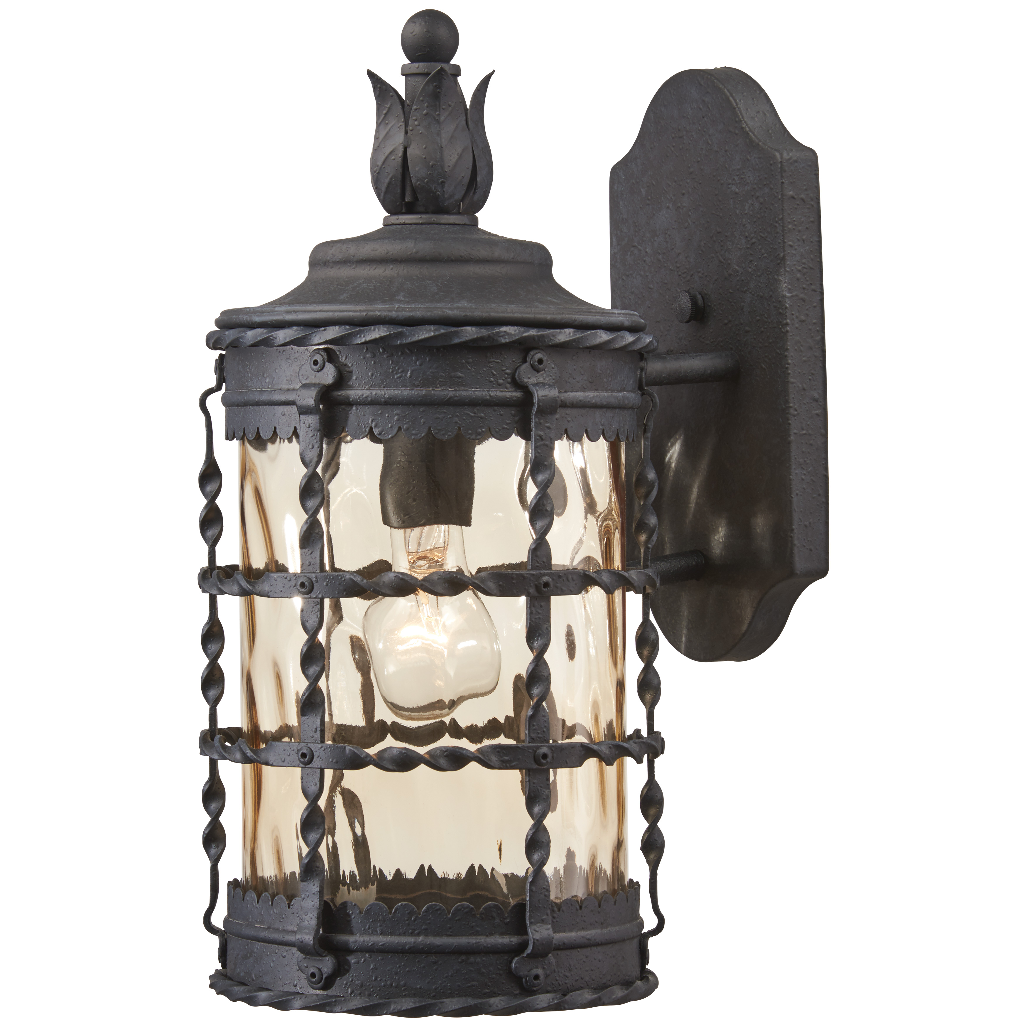 1 Light Wall Mount in Spanish Iron™ Textured Black Powder Coat  Finish with Champagne Hammered Glass